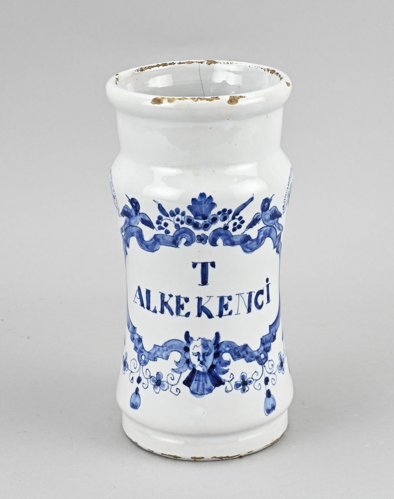 Null Vase d'apothicaire fayence albarello du 18e siècle à décor de tête d'oiseau&hellip;