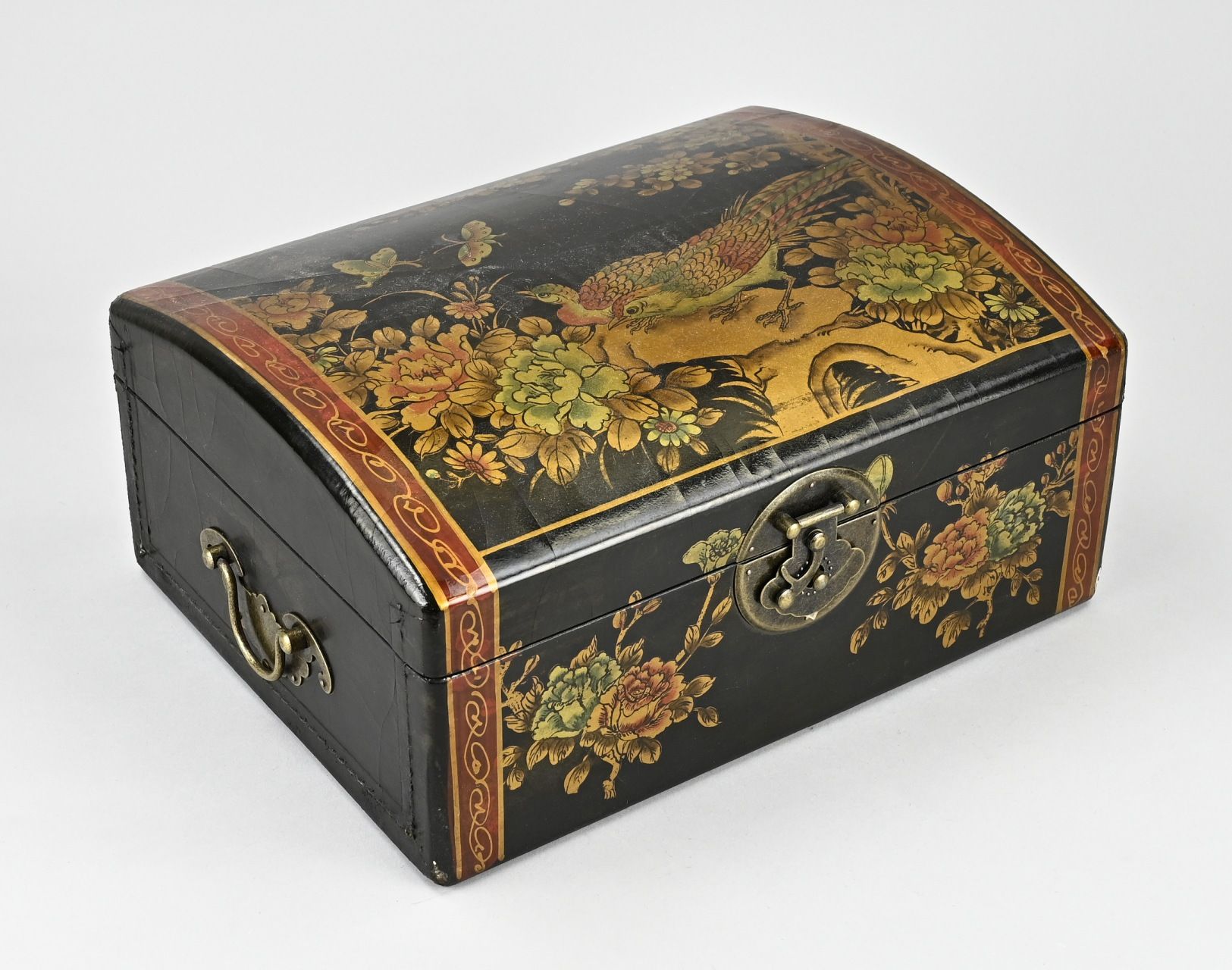Null Boîte à couvercle tibétaine recouverte de cuir + peinture en laque d'or de &hellip;