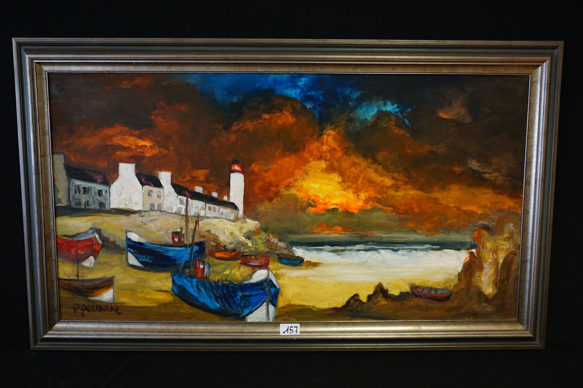 Paul PERMEKE (1918 - 1990) "有灯塔的渔港" - 大型布面油画 - 已签名 - 80 x 150 cm