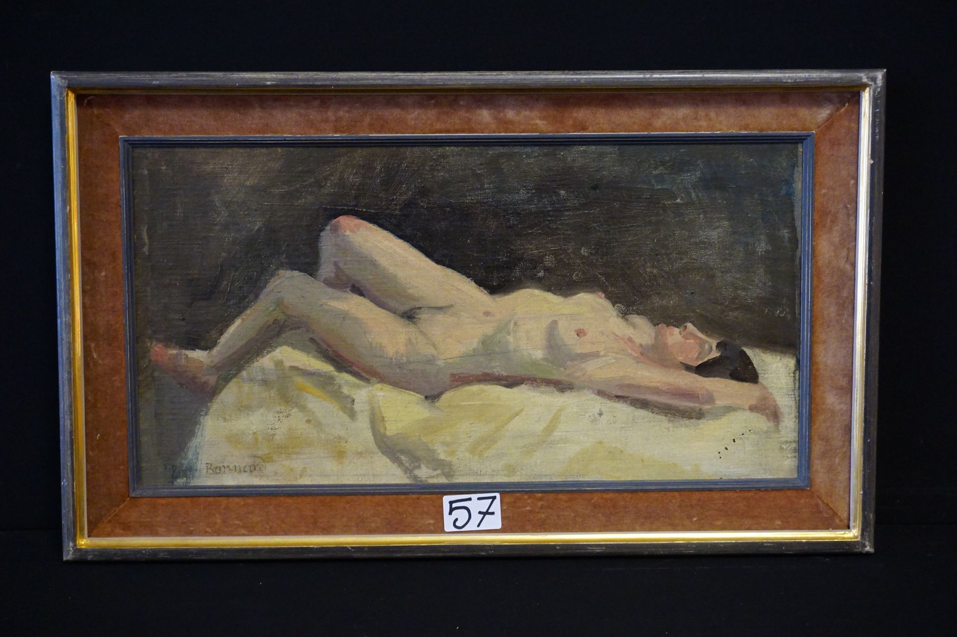 Pierre BONNARD (1867 - 1947) 归属--"躺着的裸体"--板上油画--签名--法国学校--24 x 47 cm