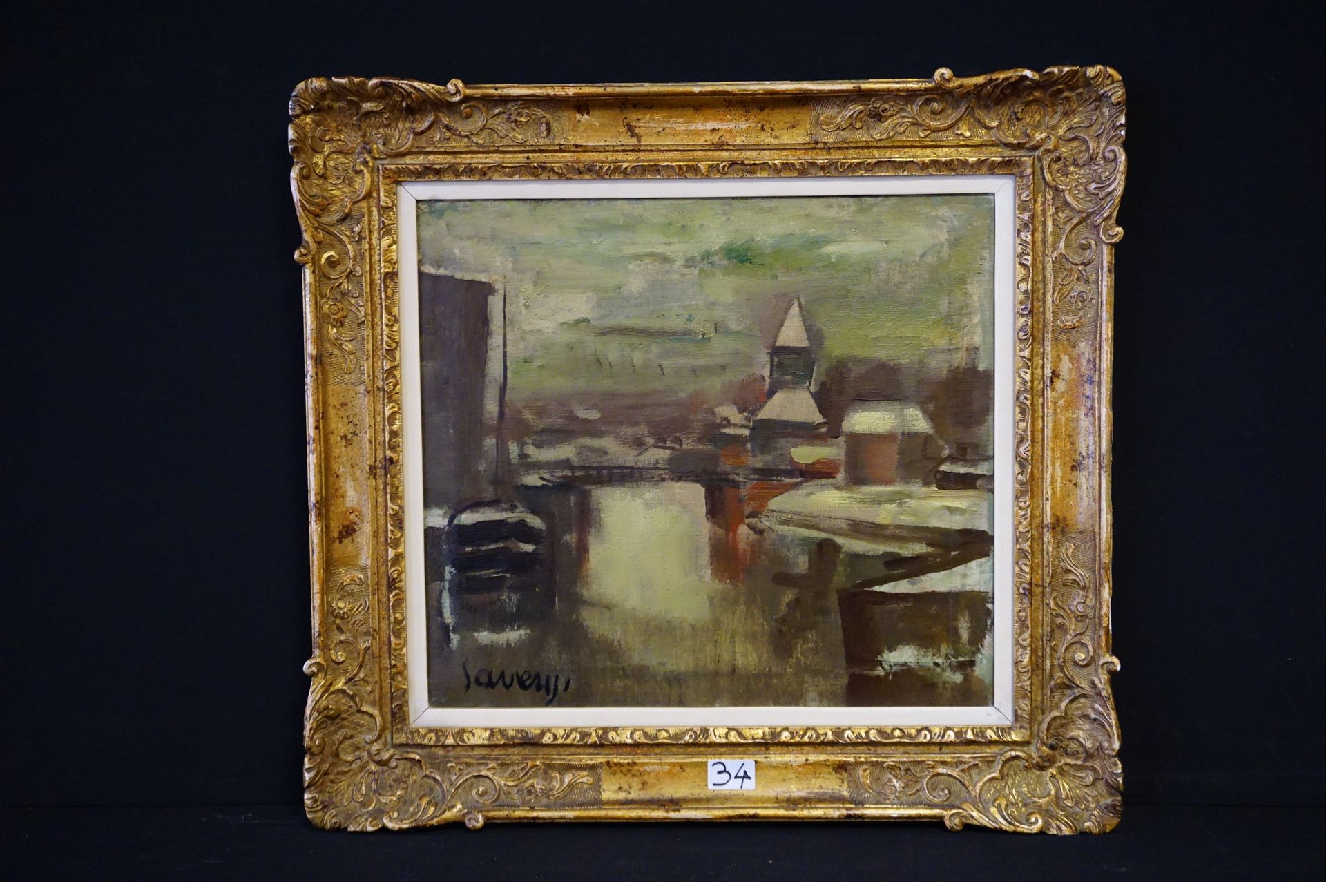 ALBERT SAVERYS (1886 - 1964) "雪中的莱斯村" - 布面油画 - 签名 - 拉特姆学校 - 45 x 50 cm