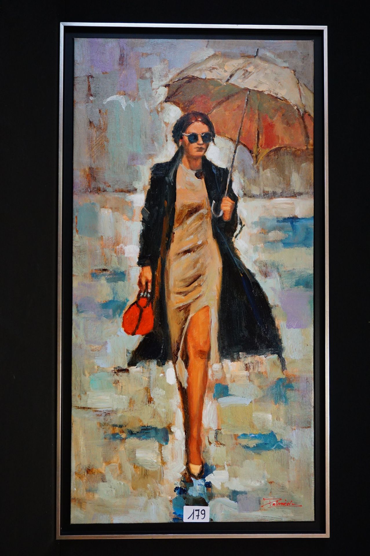 ANTONIO PALMIERI (1946 - ) "撑伞的年轻女人" - 布面油画 - 已签名 - 120 x 60 cm