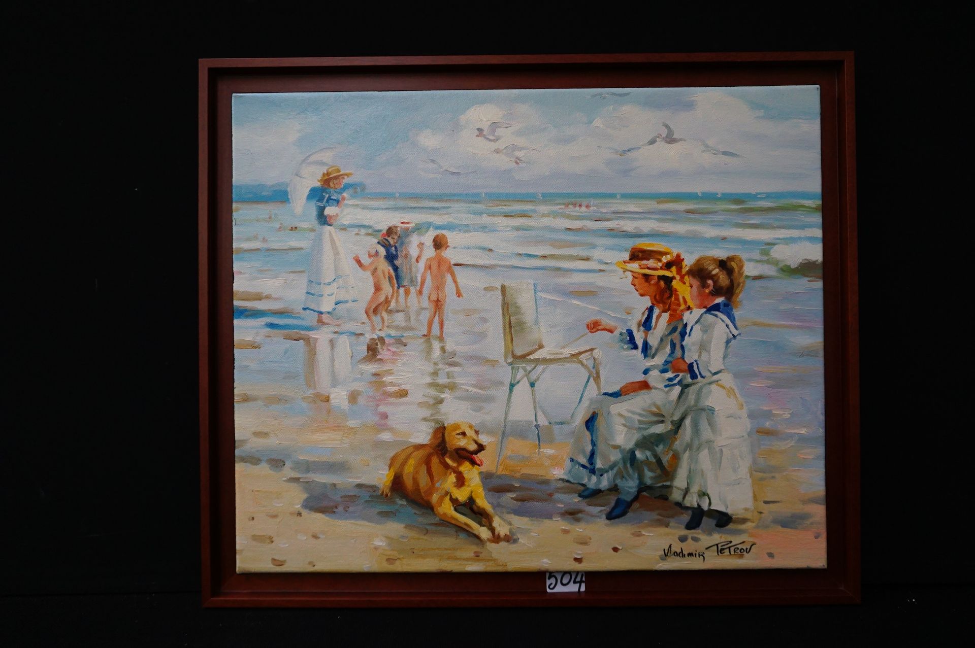 PETROV (1945 - ) "海滩上的星期天" - 布面油画 - 已签名 - 50 x 60 cm