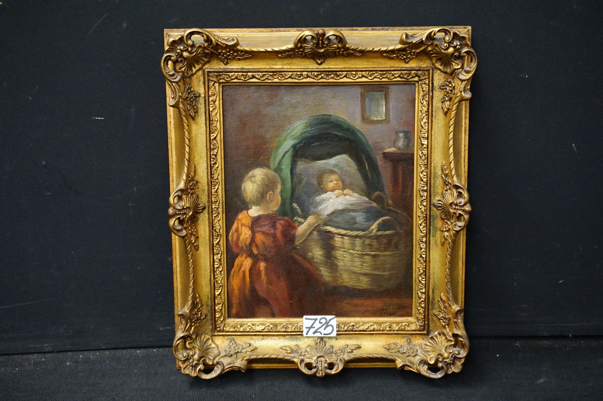 Null Painting - "Baby in the cradle" - Oil on panel - Signed lower right - 30 x &hellip;