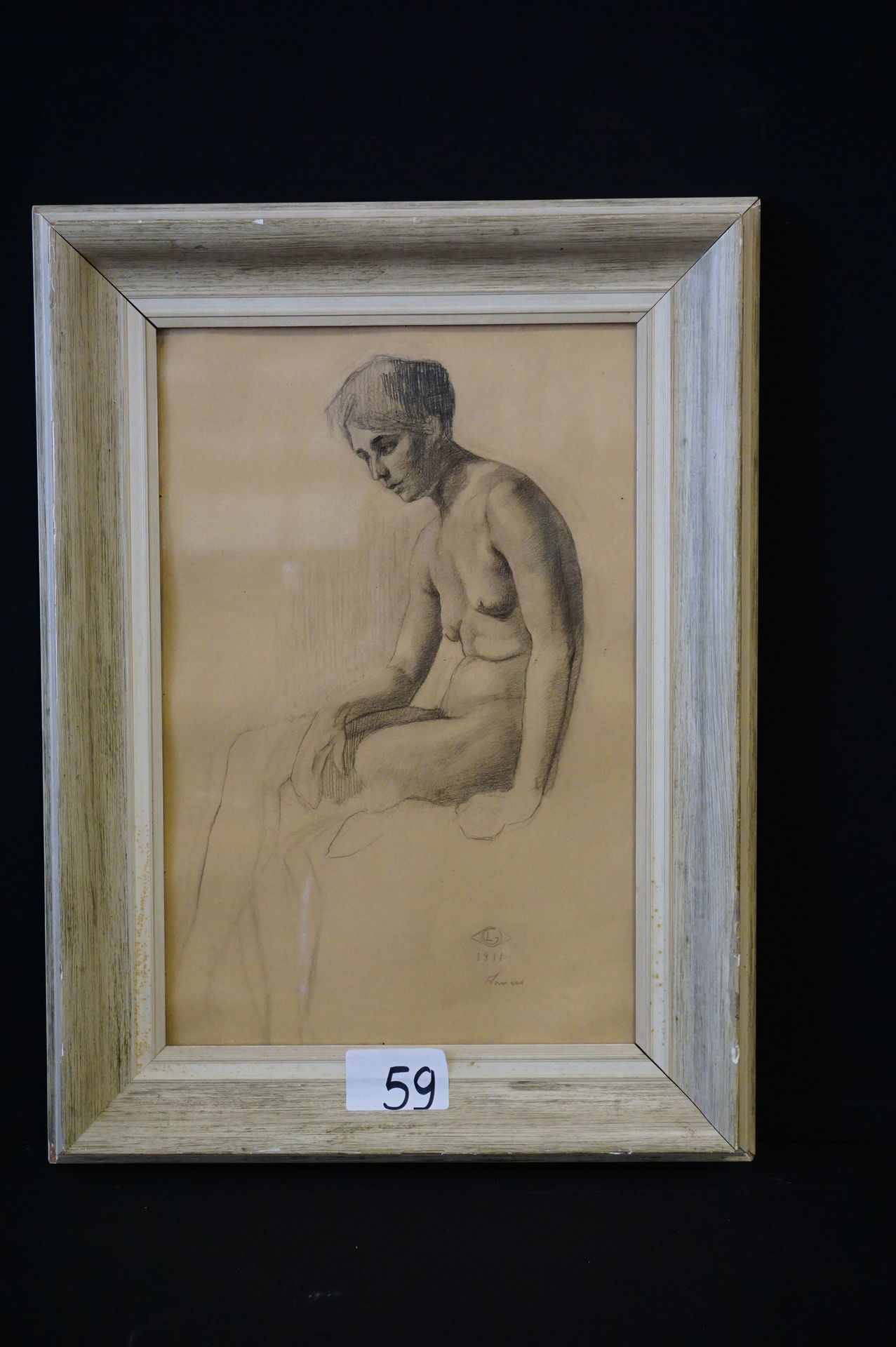 Georges LEMMEN (1865 - 1916) "裸体坐姿"--素描--签名--日期为 "ANVERS 1911" - 44 x 29 cm
