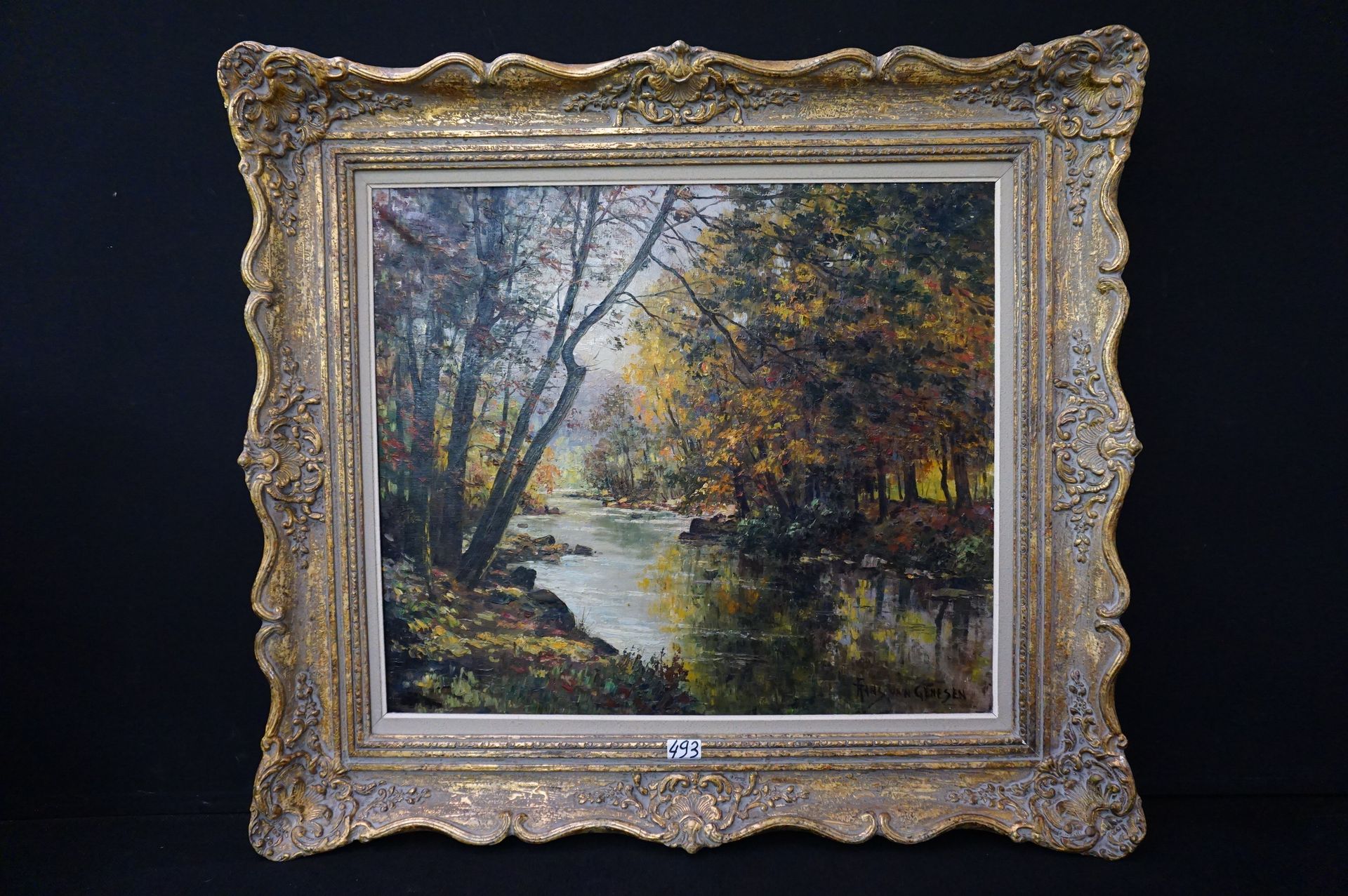 FRANS VAN GENESEN (1887 - 1945) "秋天的森林和河流" - 布面油画 - 已签名 - 65 x 75 cm