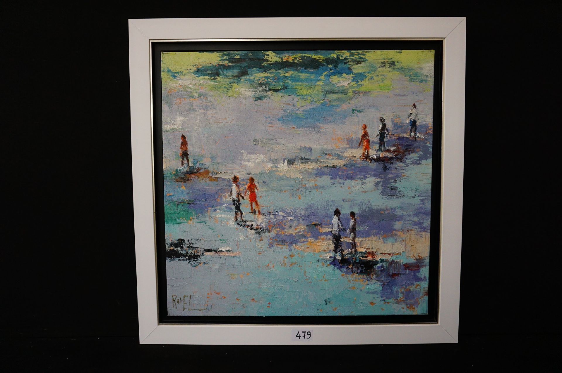RAVEL (20ste eeuw) "星期天在沙滩上散步" - 布面油画 - 已签名 - 80 x 80 cm