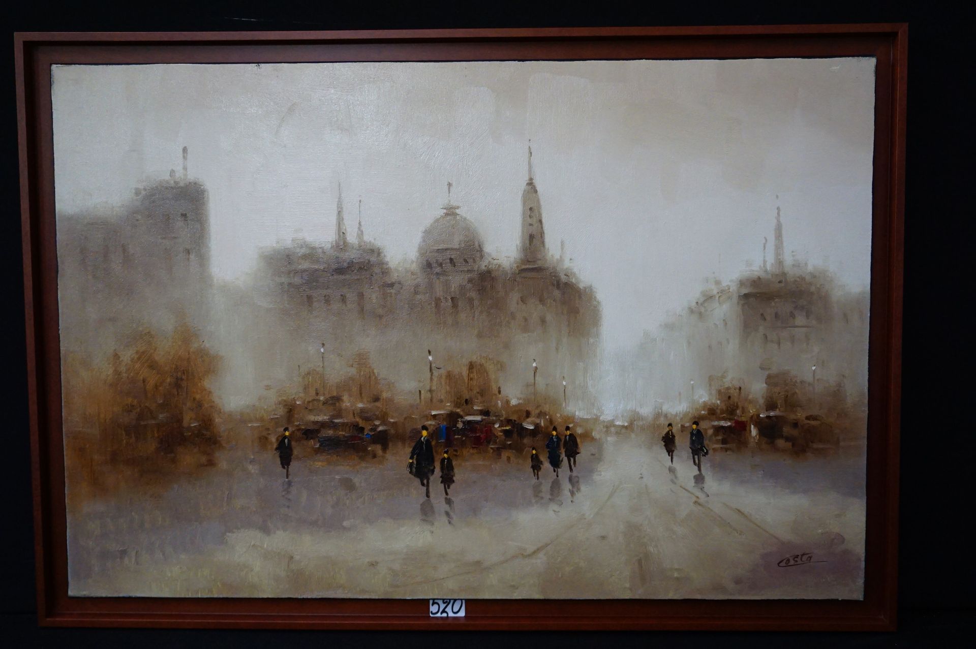 COSTA "Walkers in Barcelona" - Oil on canvas - Signed - 60 x 90 cm