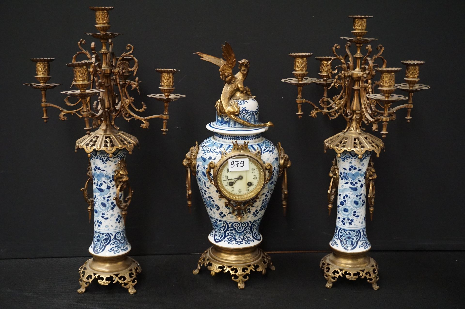 Null Three-piece Delft fireplace surround - Ca.1900 - With bronze mounts - H: 52&hellip;