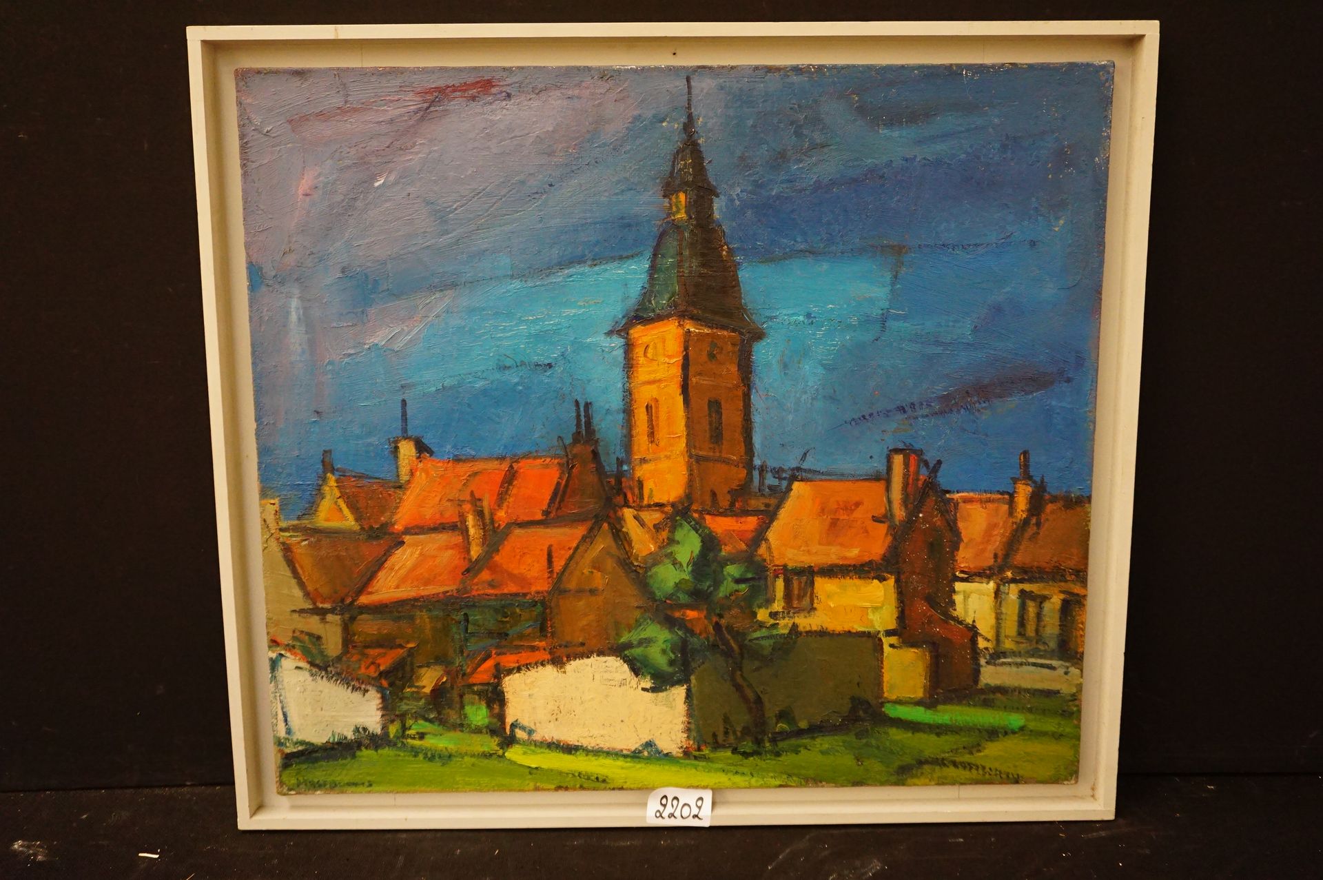 MASTBOOM "Merksem的老教堂" - 布面油画 - 已签名 - 反面 - 70 x 80 cm
