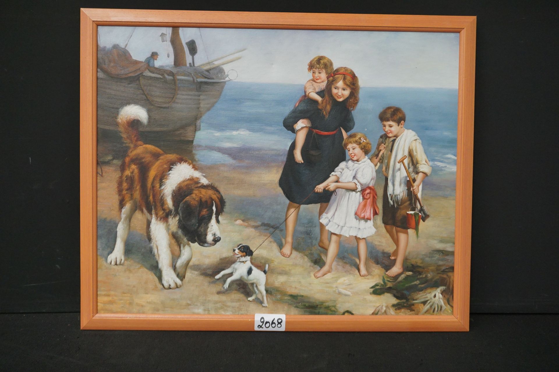 ROMANTISCH SCHILDERIJ 
浪漫主义绘画 - "带狗的女孩" - 布面油画 - 60 x 75 cm Saint Bernard et jac&hellip;