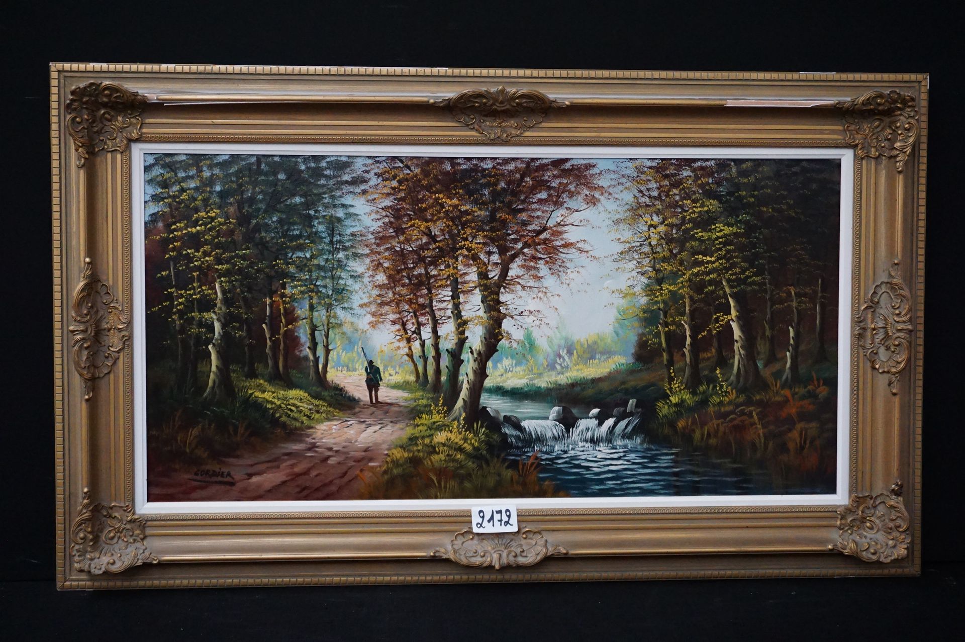 CORDIER "森林里的猎人" - 布面油画 - 已签名 - 50 x 100 cm