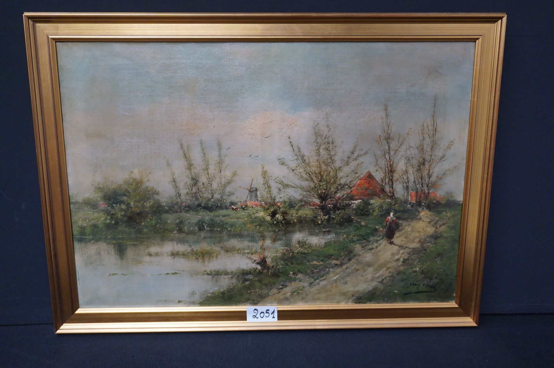 Jean HILL "有农场和磨坊的风景" - 布面油画 - 已签名 - 反面 - 55 x 80 cm