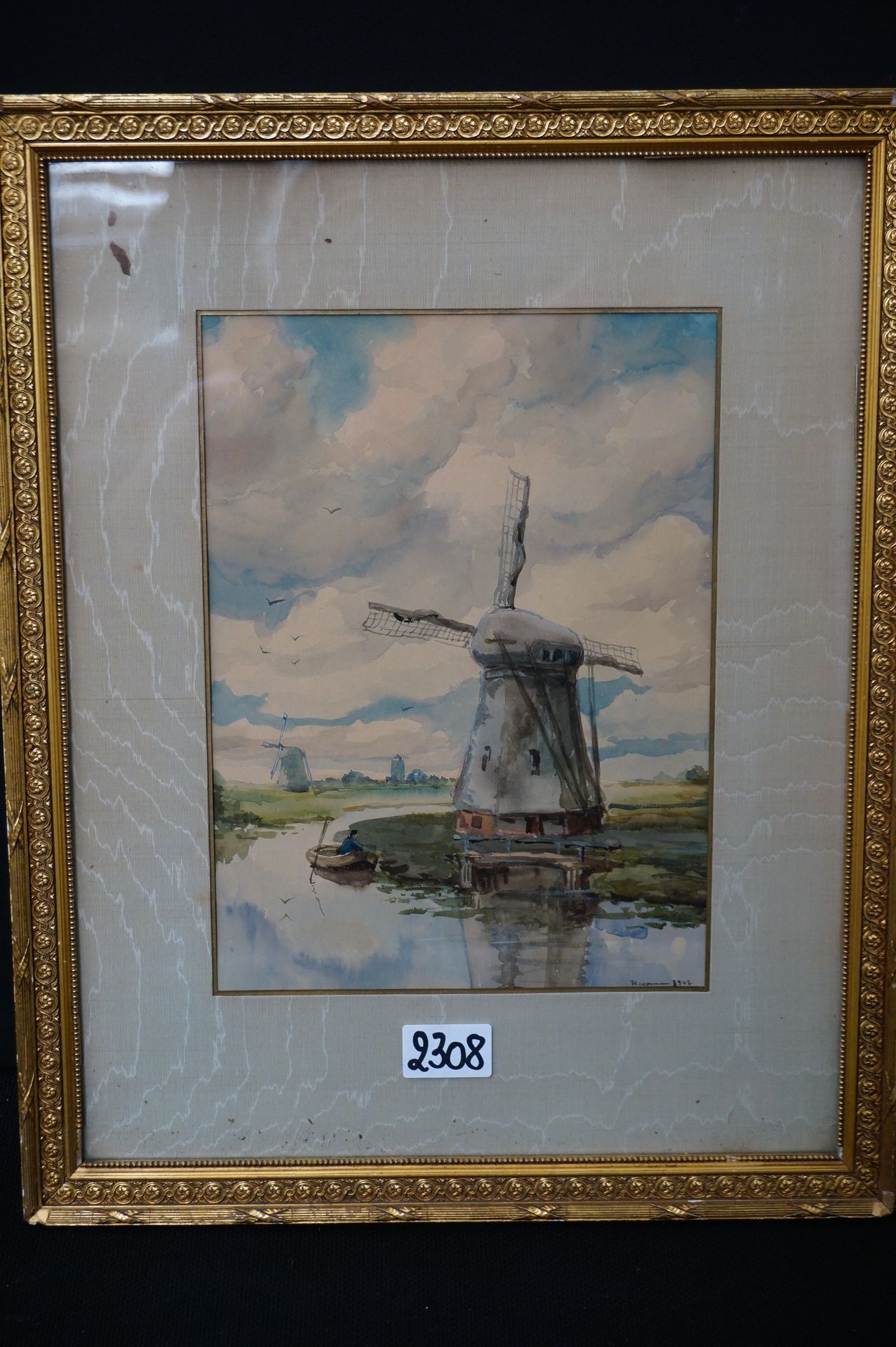 Null 水彩画--"有磨坊的风景"--签名和日期1907年--30 x 21厘米