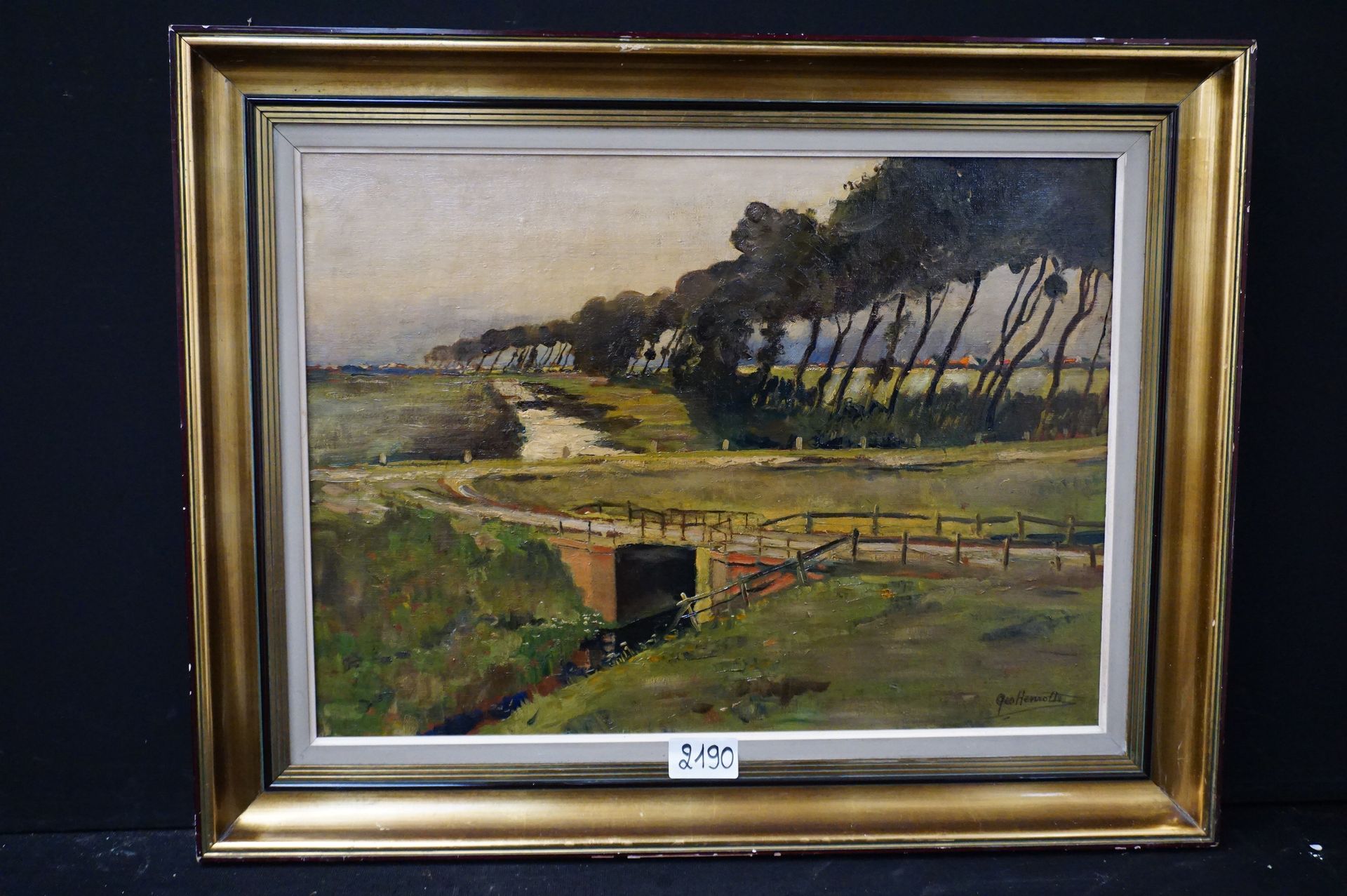 GEO HENROTTE (1905 - 1992) "有小桥的风景" - 布面油画 - 已签名 - 56 x 76 cm
