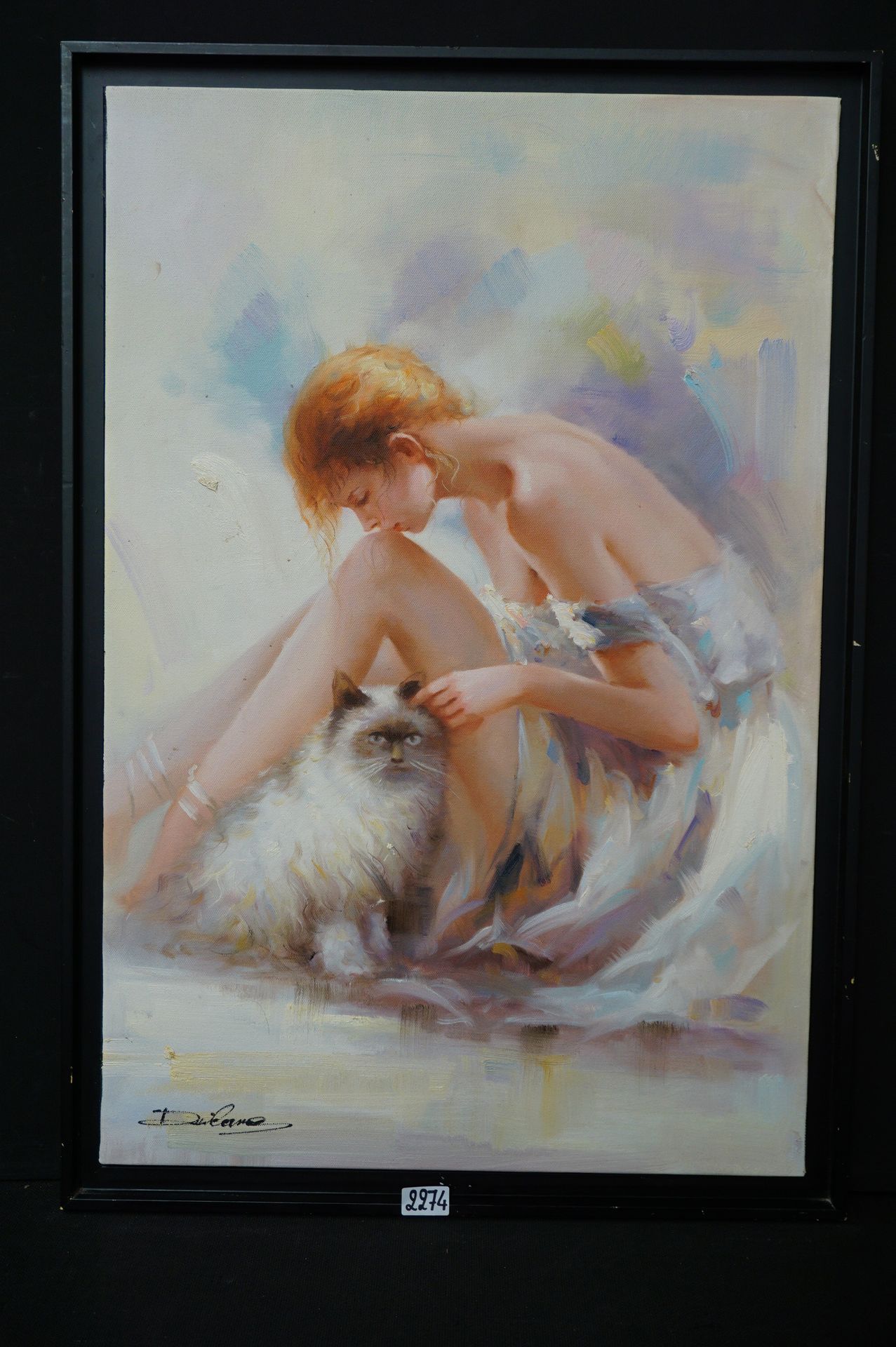 Null Peinture - "Ballerine avec un chat". - Huile sur toile - Signé en bas à gau&hellip;