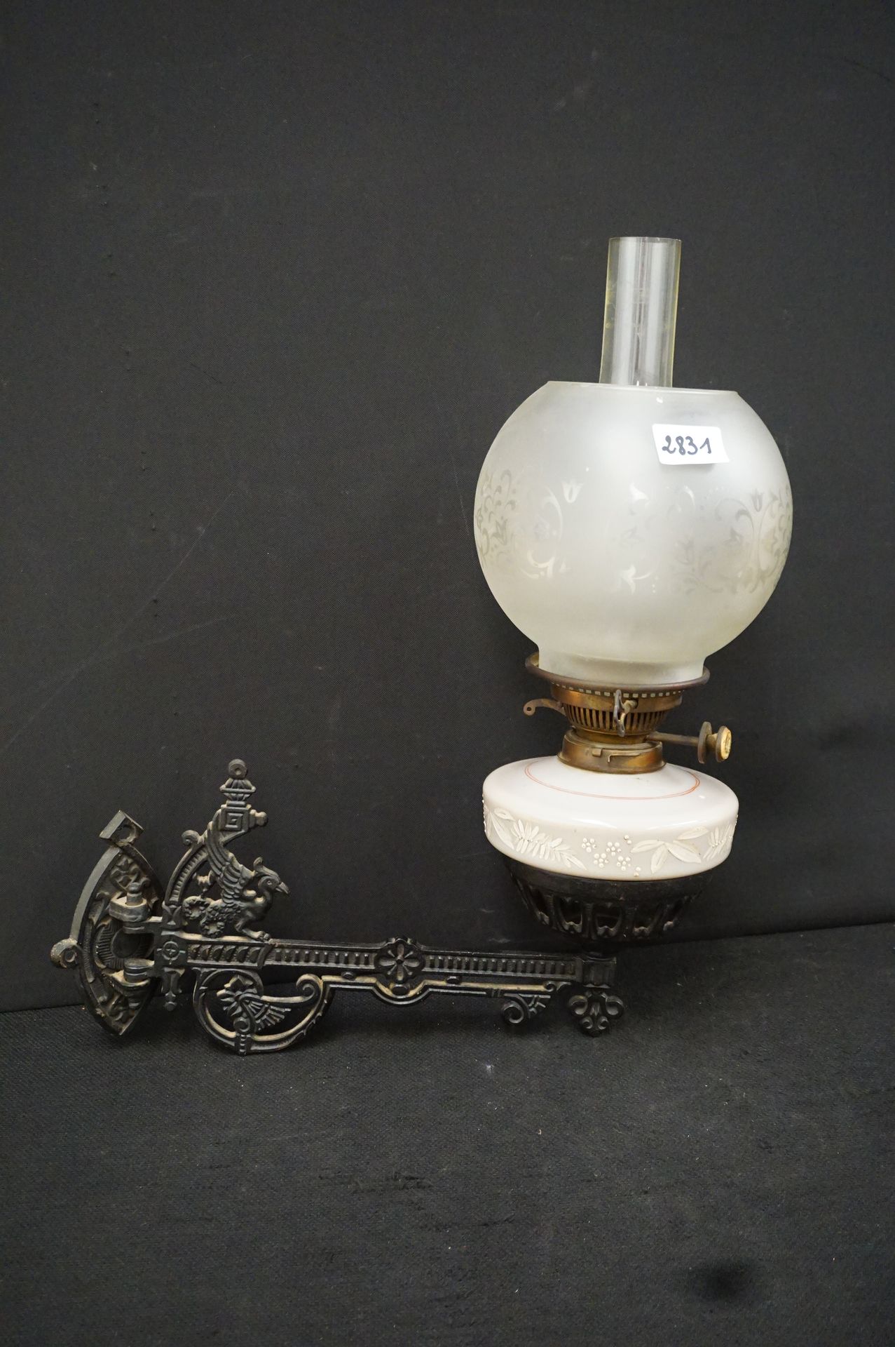 Null Petroleum lamp in opaline with iron applique