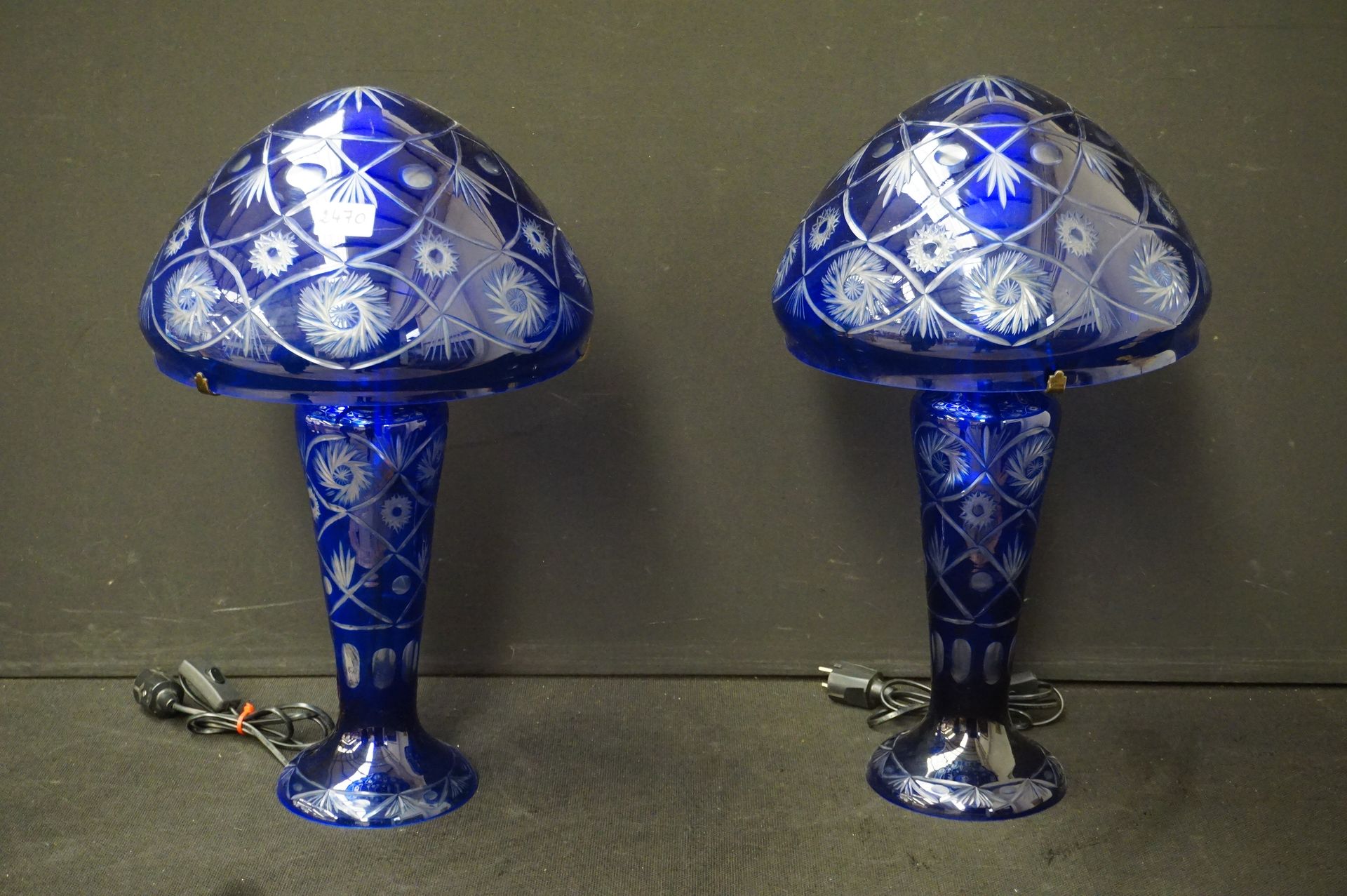 Null 2 lampes "Champignon" en cristal - Bleu cobalt - H : 58 cm