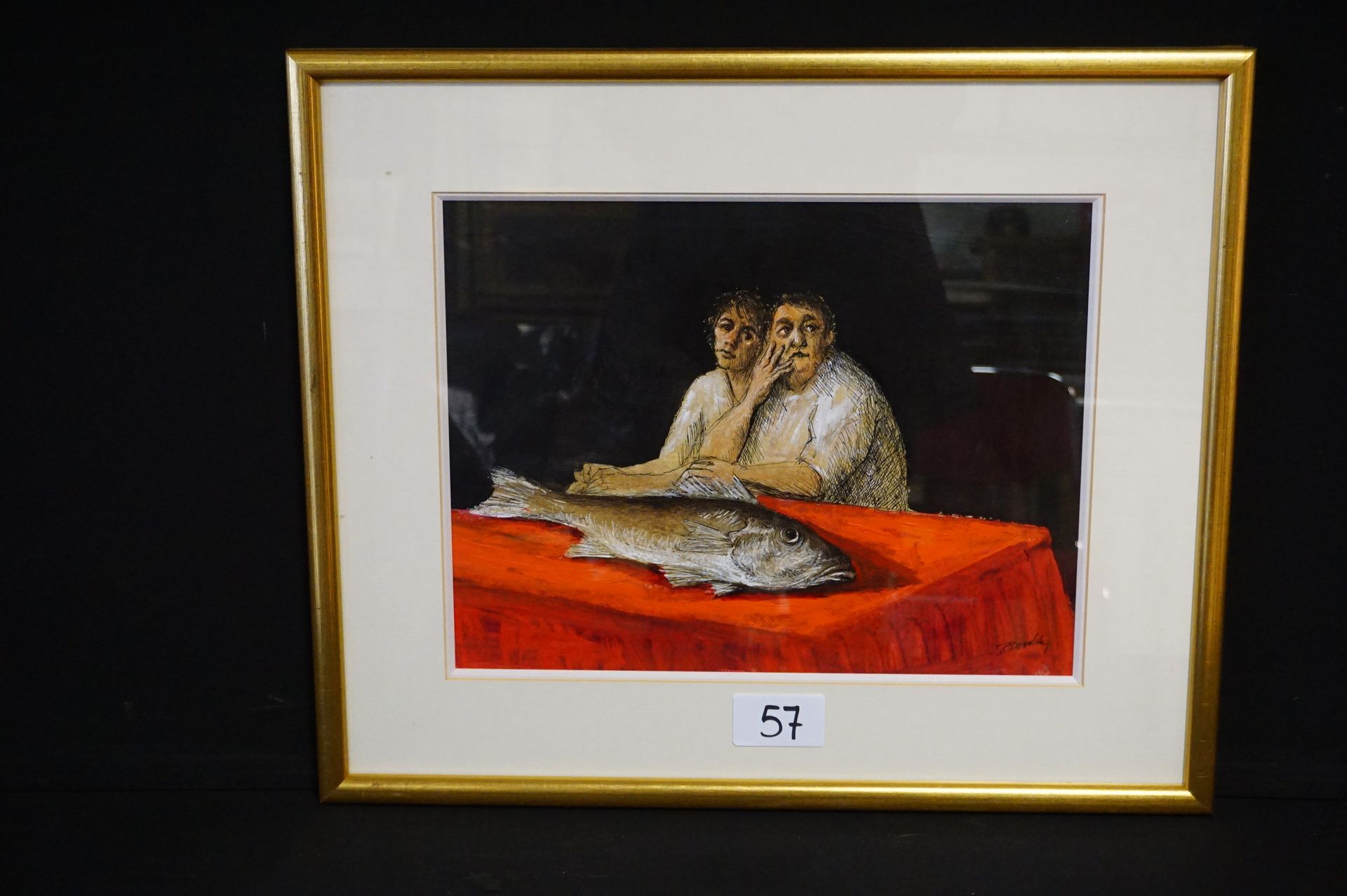 ROLAND DEVOLDER (1938 - ) "Deux personnes à table avec un poisson" - Technique m&hellip;
