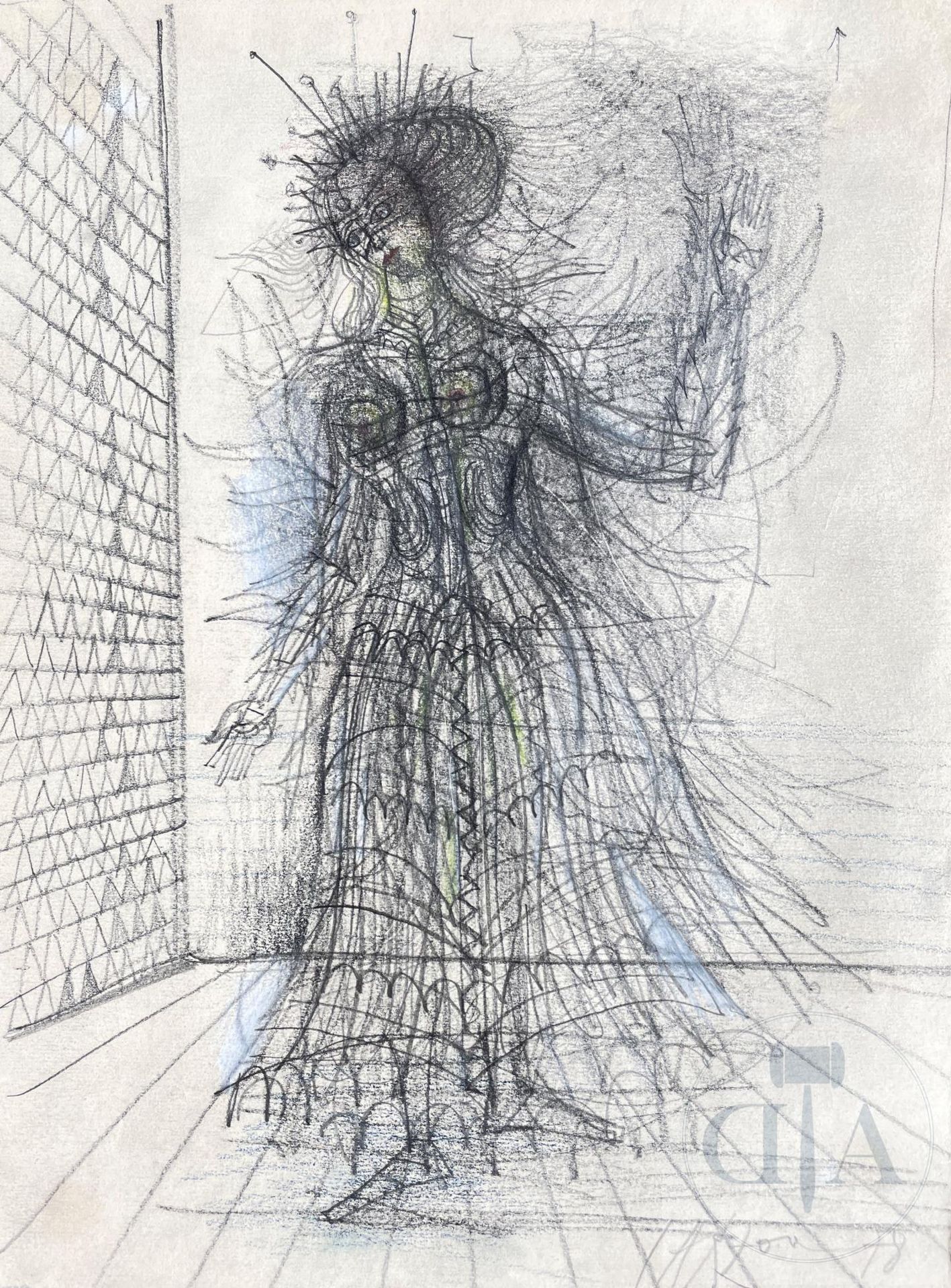 Null Carzou Jean/原创作品，描绘一个女人 "Théatrale"。 纸上石墨和水粉画。 有签名和日期的1978年。 1978年，作品在BXL的 &hellip;