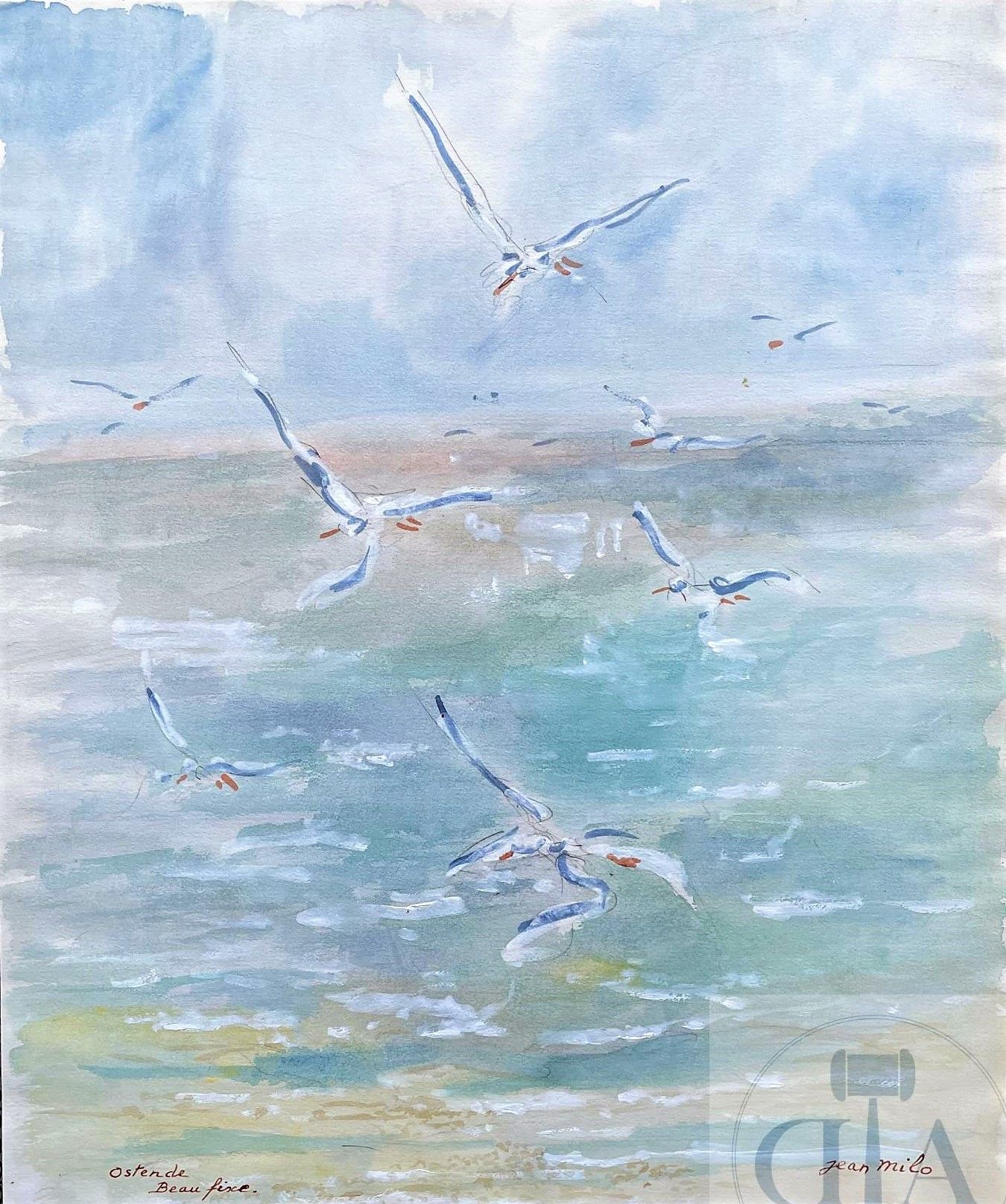 Null 米洛-让/原创作品，比利时奥斯坦德的海景。 1970年左右签名的水彩画。 TBE. 38 X 46 cm