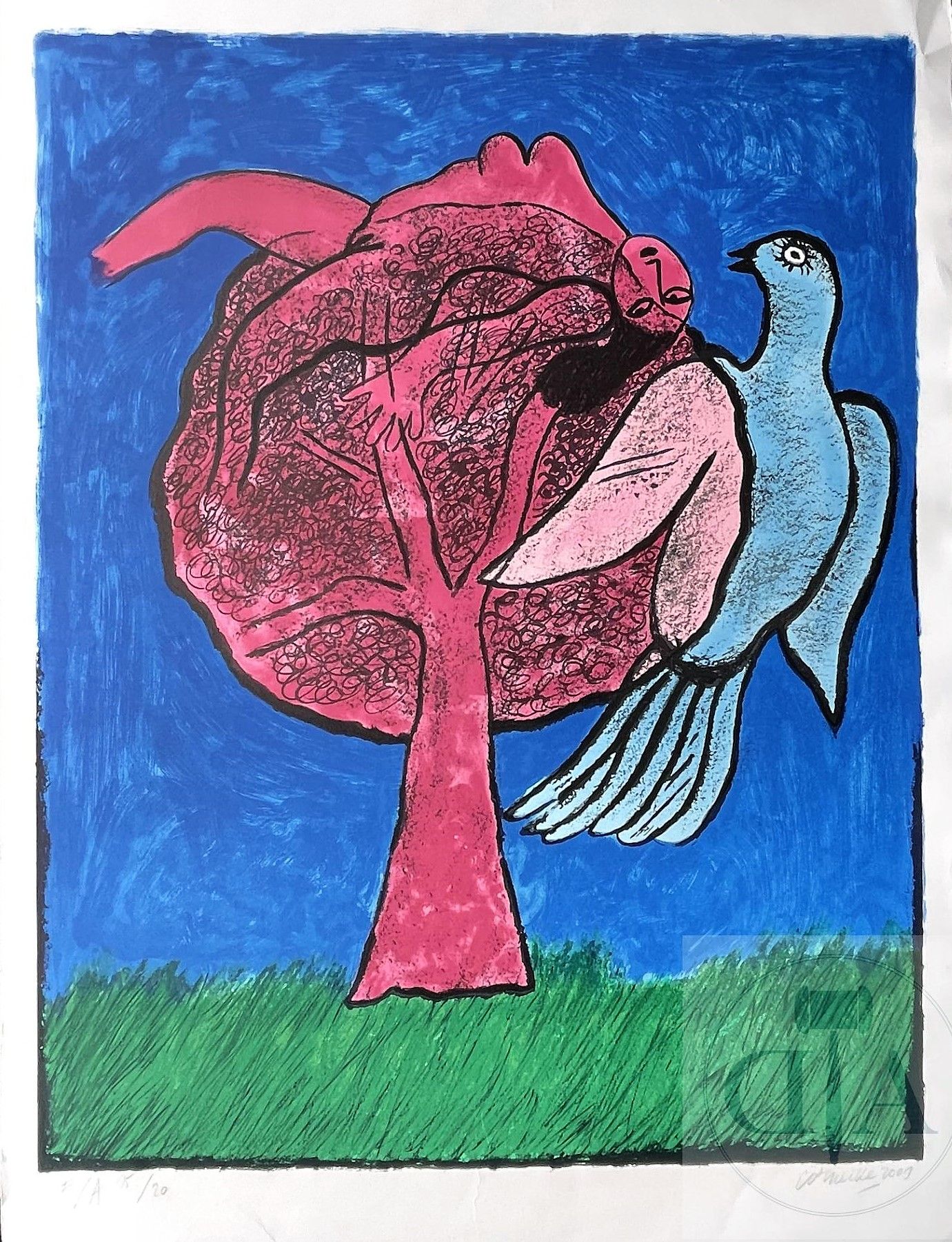 Null Cornelius/litografía que ilustra una mujer desnuda en un árbol con un pájar&hellip;