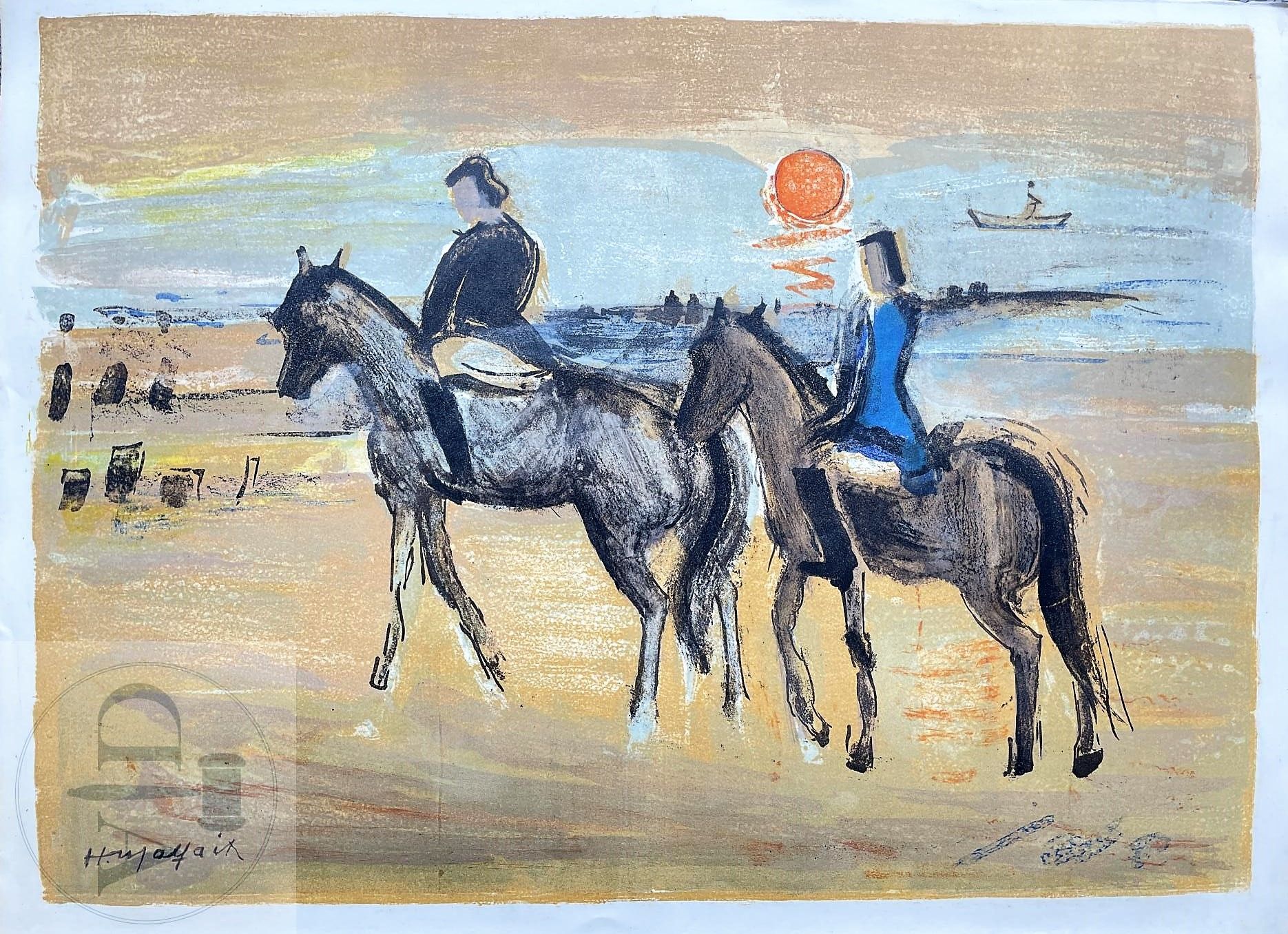 Null 
休伯特-马尔法特/石版画，描绘了海滩上的两名骑手。 TBE+。 50 X 70厘米