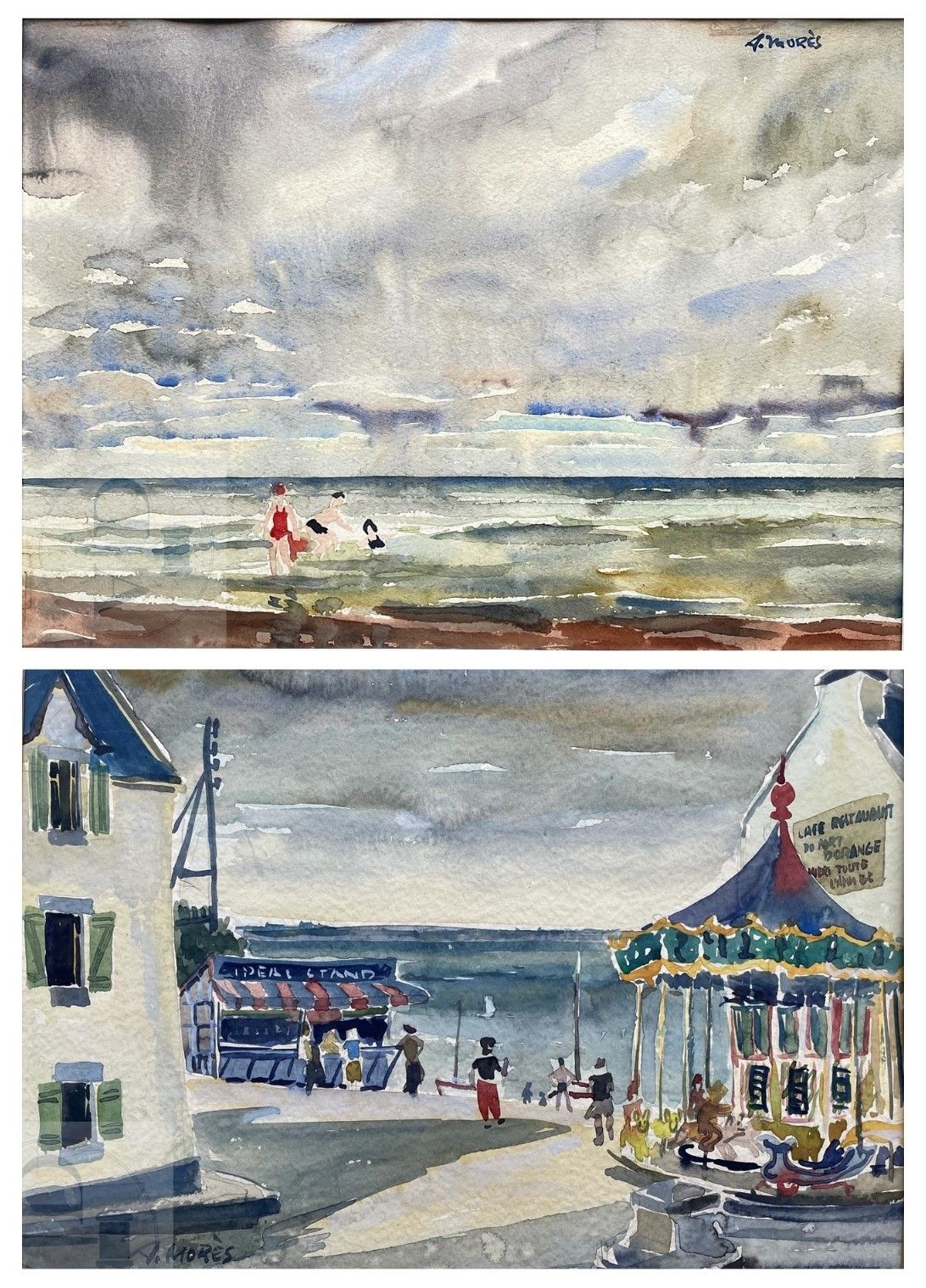 Null Mores A/原创作品。 一对海滨风景画。 有签名和日期的水彩画，1953年。 TBE. 50 X 35 + 35 X 25厘米