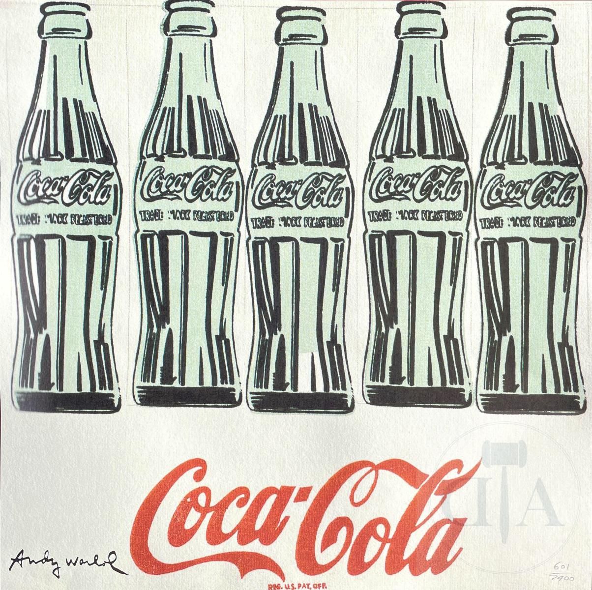 Null Andy Warhol/Anzeigen. Lithographie, die 5 Coca-Cola-Flaschen illustriert, h&hellip;