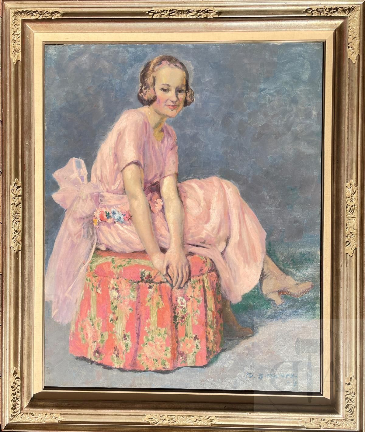 Null Smeers Frans/Œuvre originale. Portrait de jeune fille sur un pouf. Signé et&hellip;