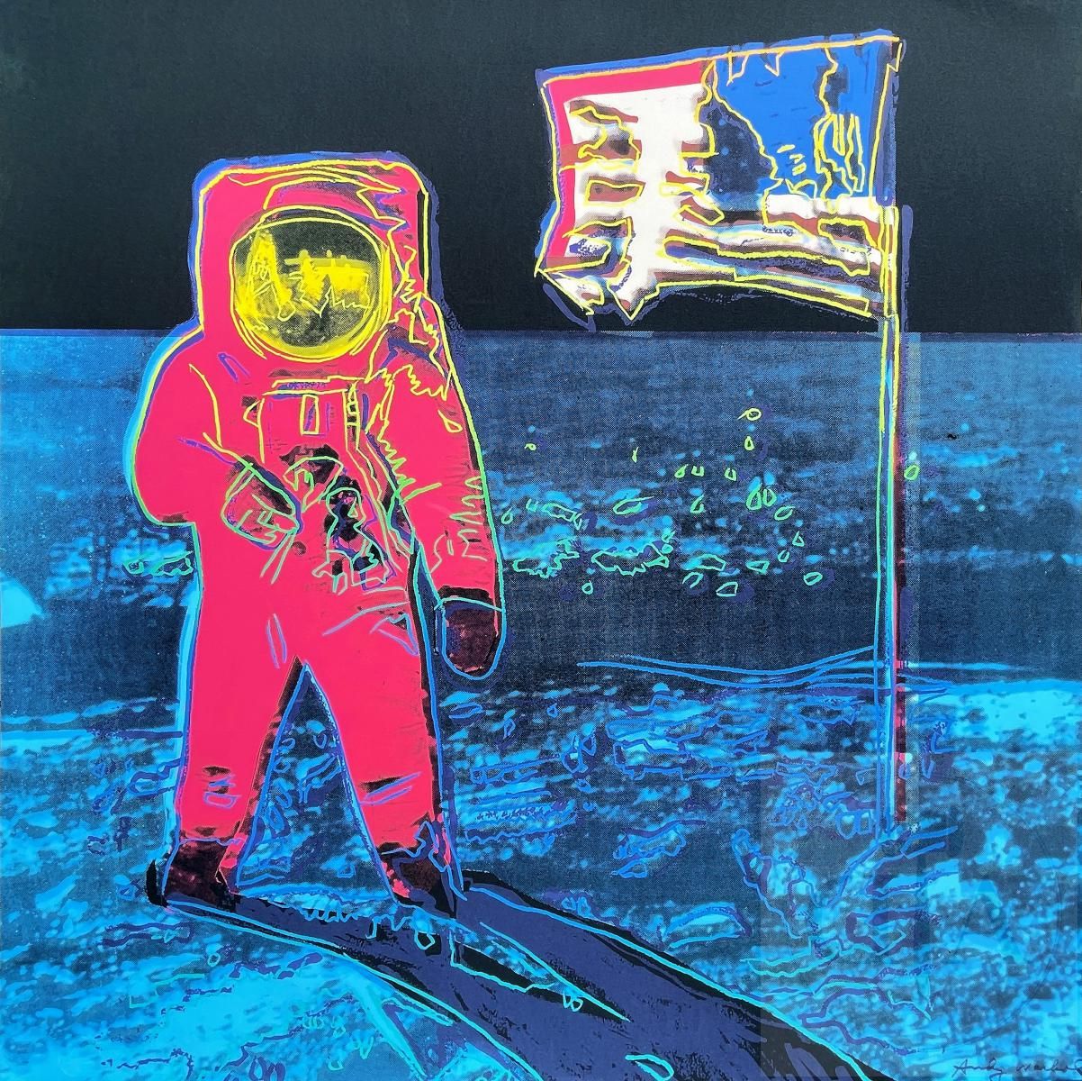 Null Andy Warhol/Moonwalk. Lithografie, die den Astronauten Buzz Aldrin mit der &hellip;