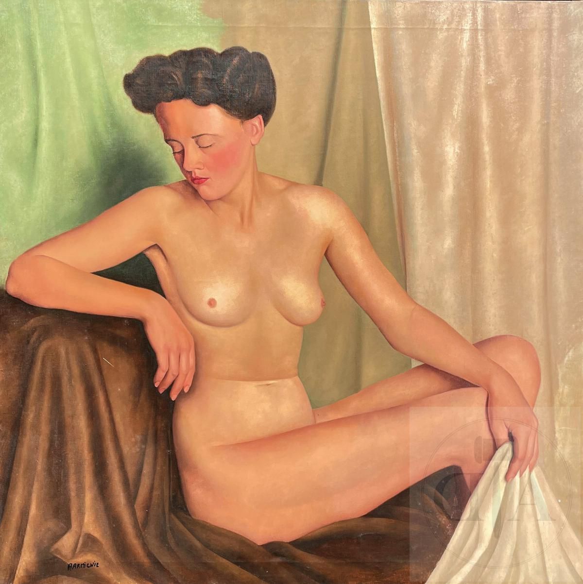 Null 哈米尼-费迪南德/高质量的原创作品。 一个裸体坐着的女人的画像。 布面油画，1940年左右签名。 TBE. 95 X 95 cm



哈米尼-费迪南&hellip;
