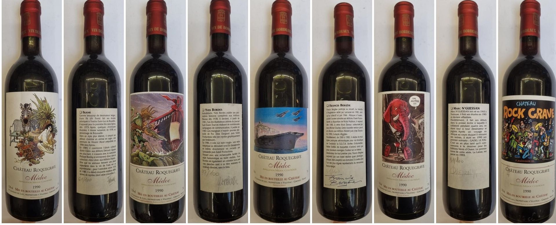 Null Set di 9 bottiglie di vino "Château Roquegrave Médoc" decorate dai seguenti&hellip;