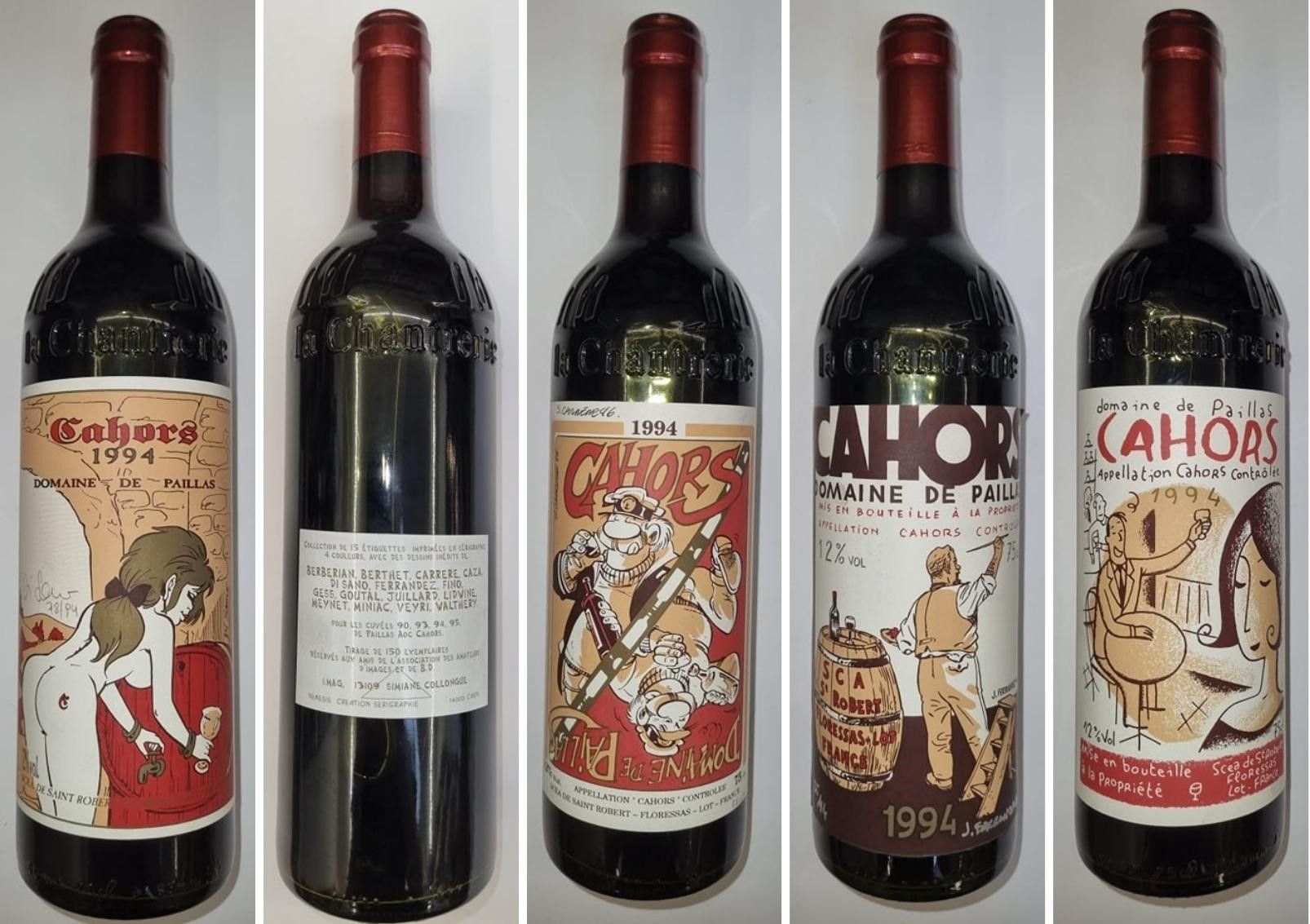 Null Set von 12 Flaschen Wein "Cahors Paillas" 1994. Etiketten verziert von: Di &hellip;