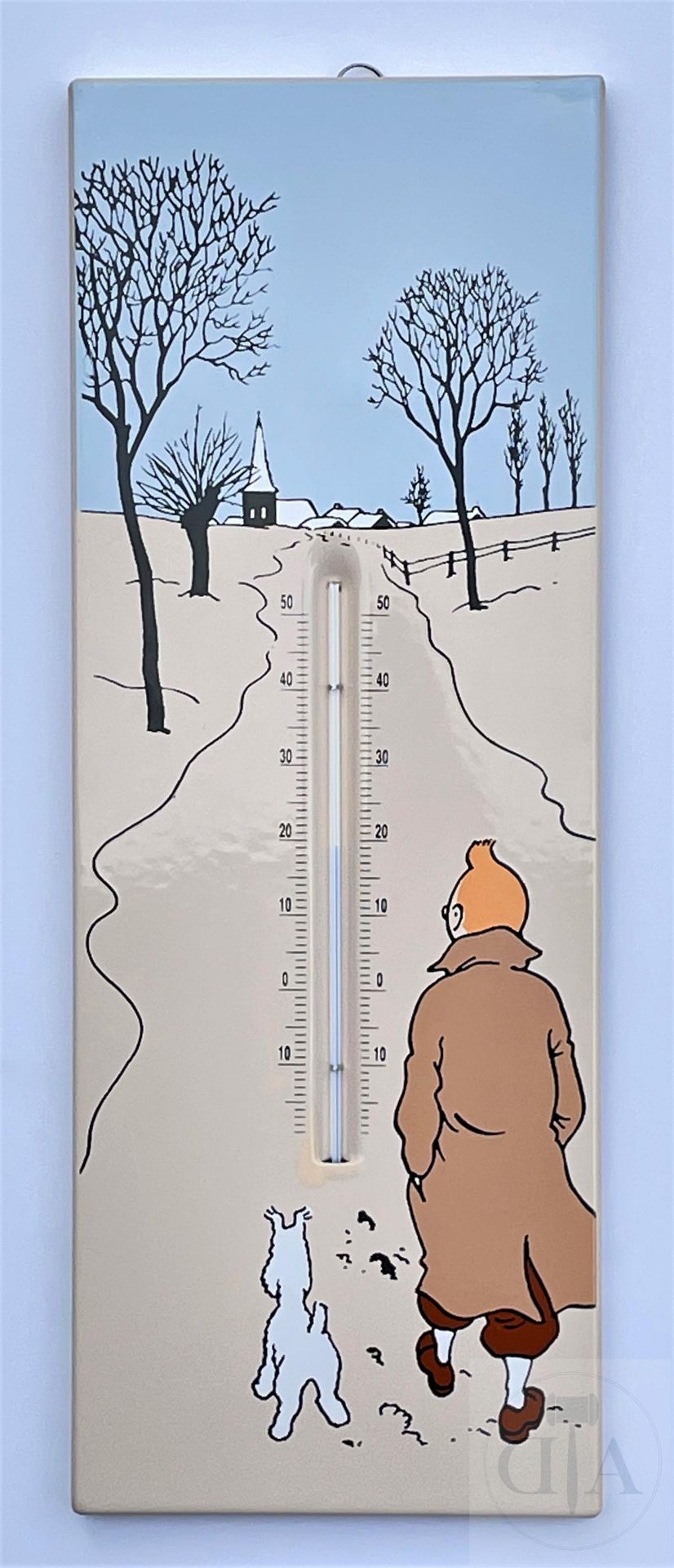 Null Hergé/Tintin. Thermometer in einer emaillierten Platte, die Tim und Struppi&hellip;
