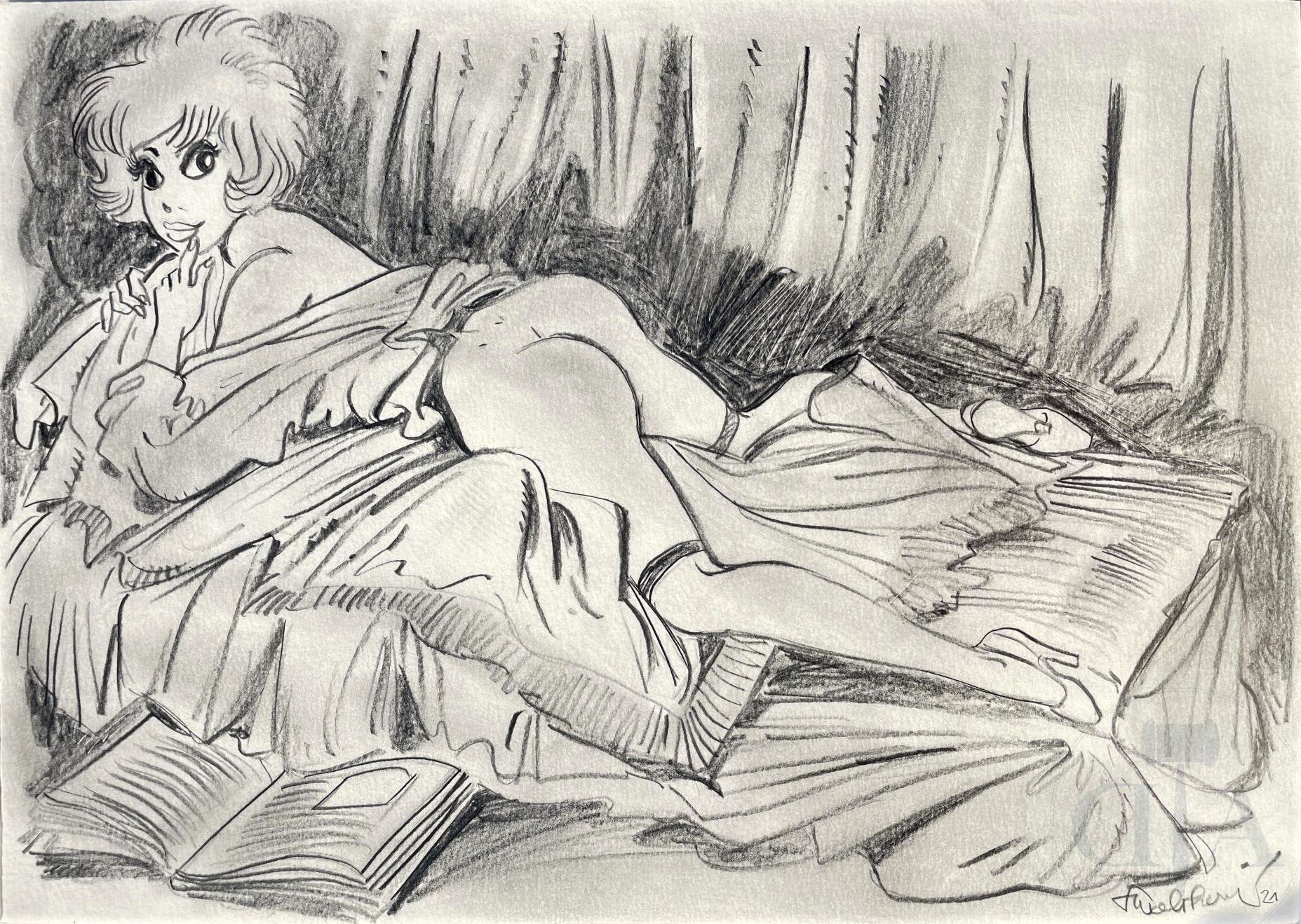 Null Walthéry/Natacha。 以F-Boucher的 "L'Odalisque "的方式描绘Natacha躺下的原画。 作品完全用石墨完成。 签&hellip;