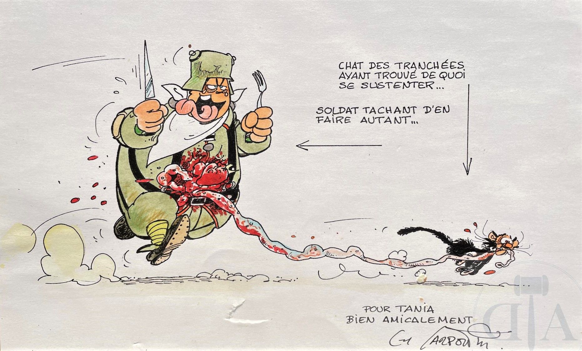Null Carpentier Louis/Dessin original humoristique illustrant un soldat courant &hellip;
