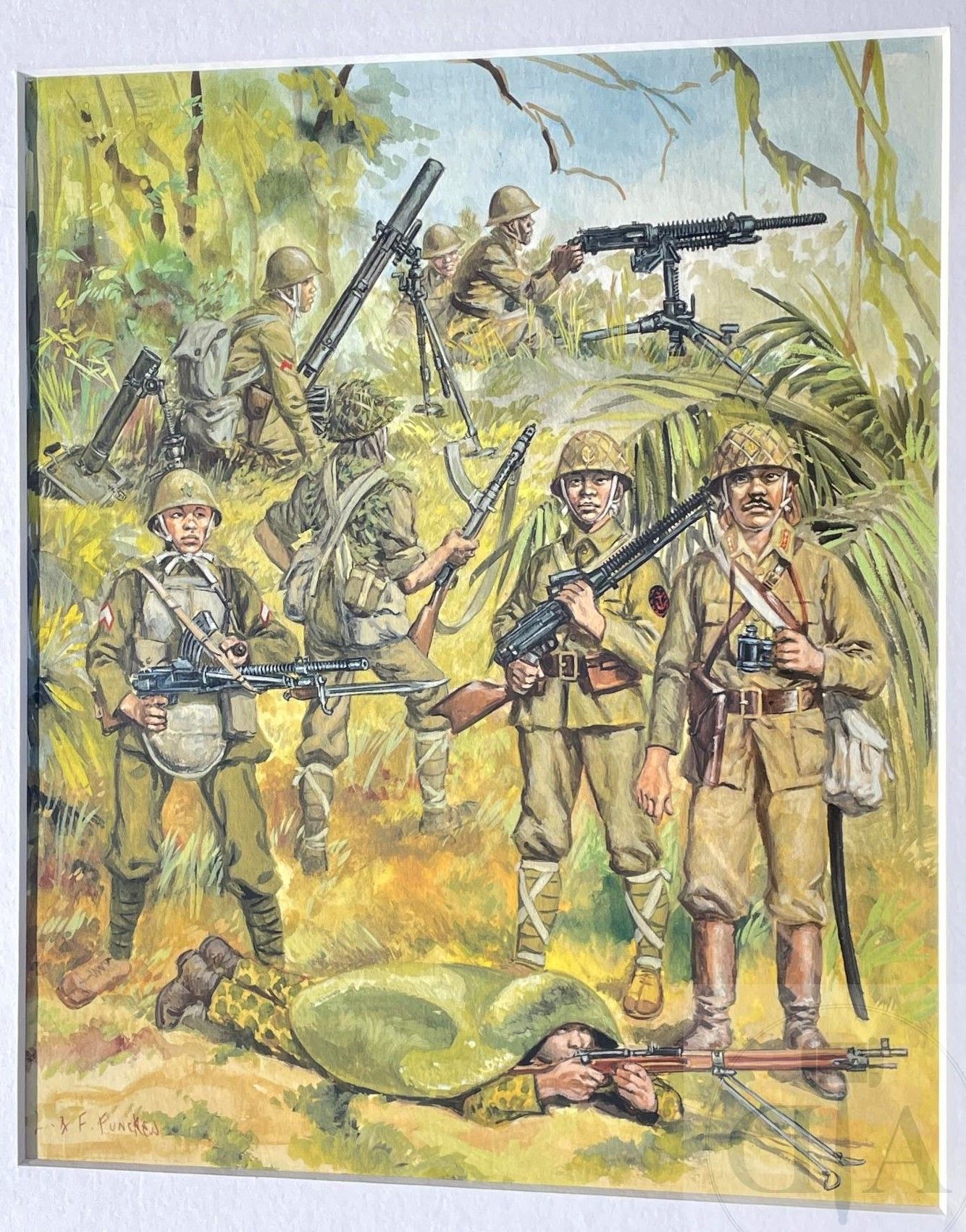 Null Funcken/服装和武器。描绘第二次战争中的阿济格士兵的原画。 纸上水粉和水彩画。 签名。 TBE+。 包括质量框架：45 X 38厘米 



L&hellip;