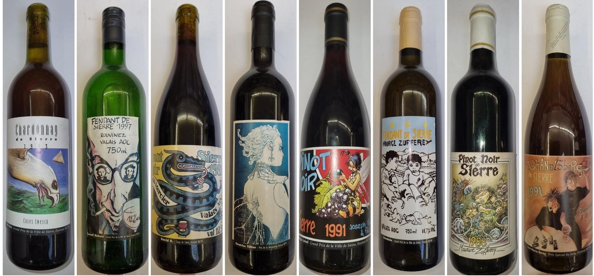 Null 一套8瓶来自Sierre地区的瑞士葡萄酒，在1988年至1995年间为漫画节生产。 TBE+。 罕见的。