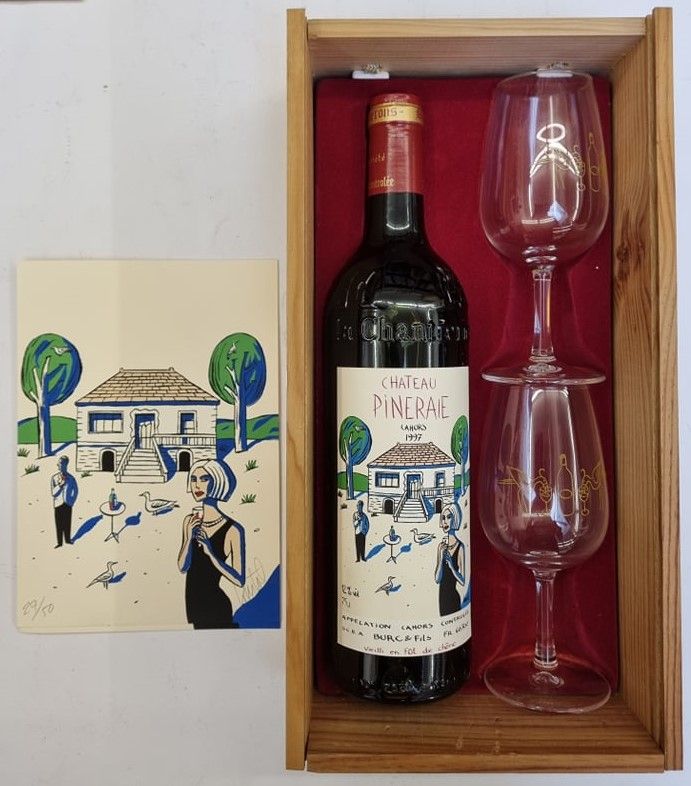 Null Loustal/Stanislas/一对木箱，内有一瓶酒和2个杯子+签名的绢画。 1996年左右有签名和编号的作品。 新的条件。 罕见的。