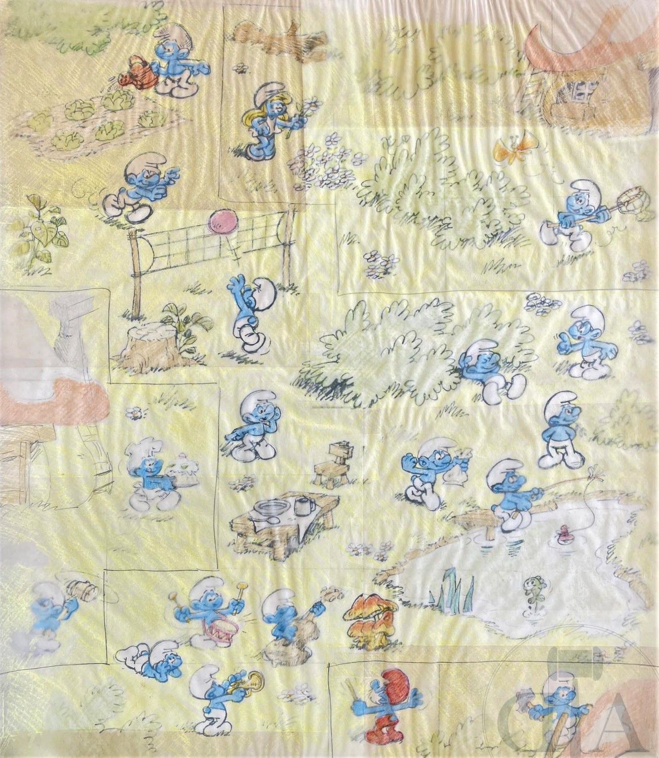 Null Peyo工作室/绘声绘色地展示了蓝精灵村的所有人物。 描图纸上的彩色铅笔。 为一张海报 "Petit Gervais "所做的工作，目的是贴上所提供的&hellip;