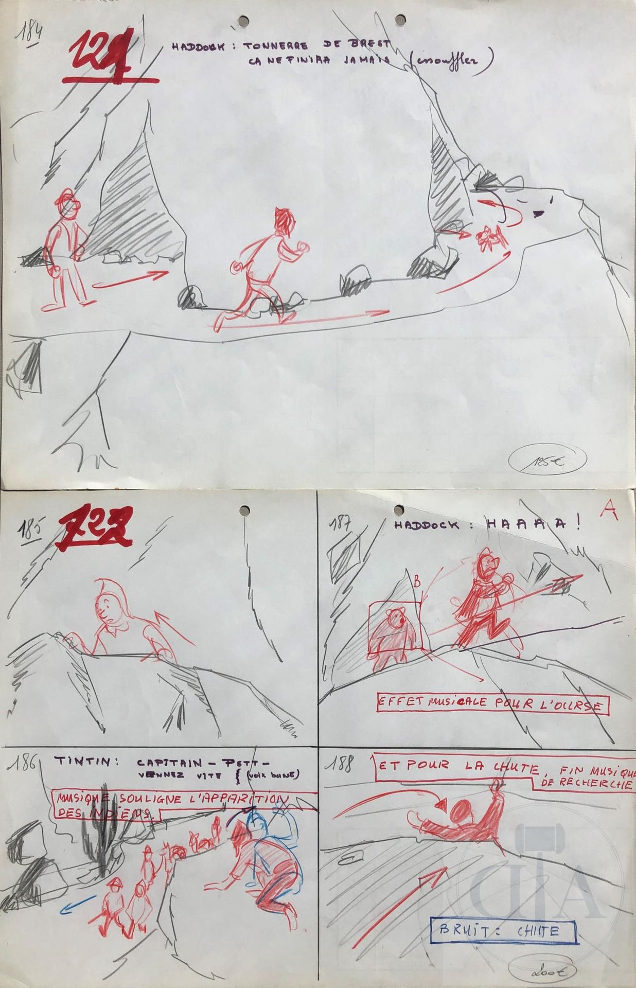 Null Hergé/Tintin工作室。 为动画电影《丁丁与太阳神殿》准备的3张故事板。 第n°184、n°185和n°285页。 1968年左右的石墨和记号&hellip;