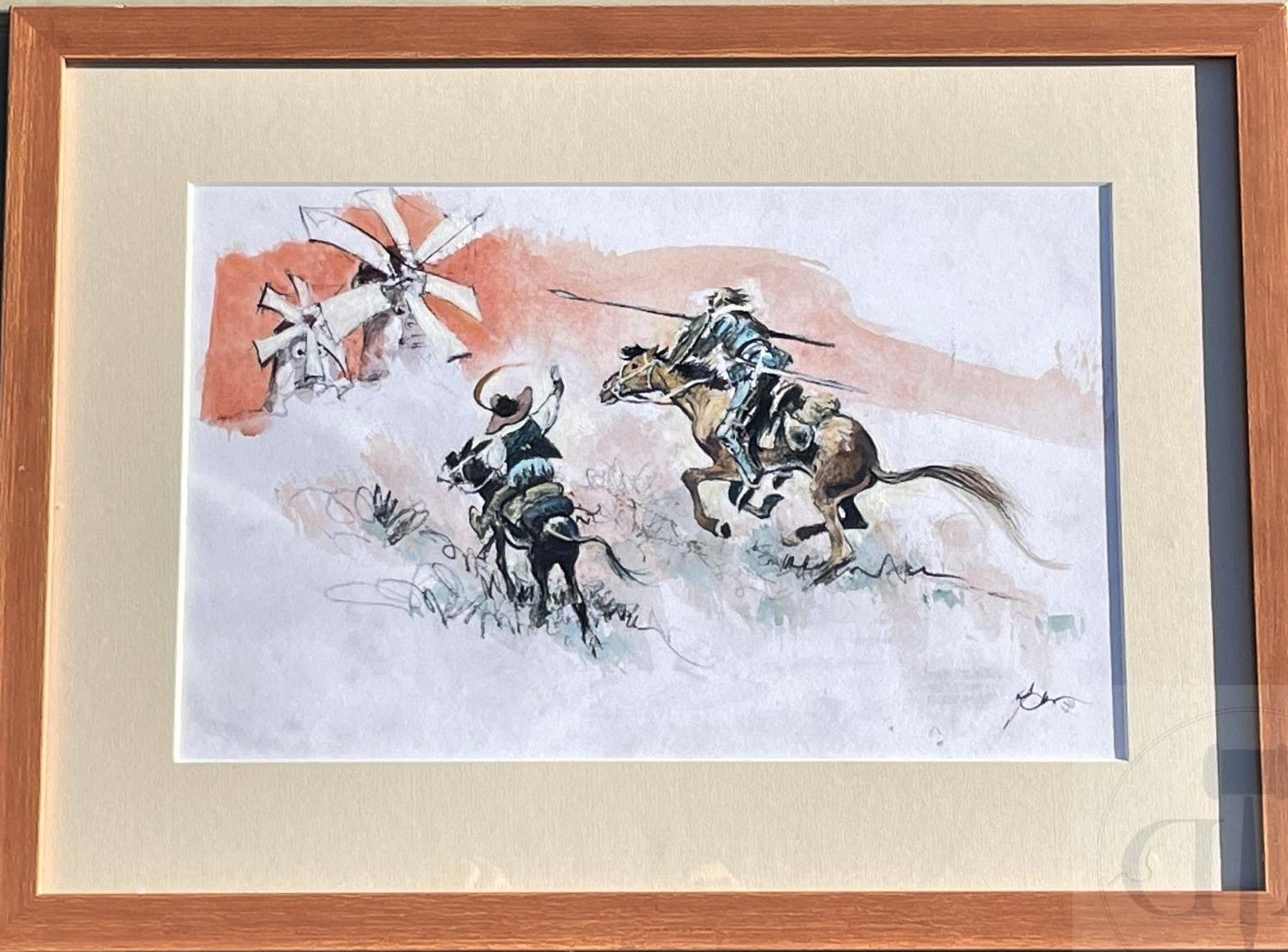 Null Follet René/原画，描绘唐吉诃德和桑丘-潘沙全力奔跑的情景。 石墨、水粉和水彩。 签名。 罕见。 TBE+。 包括质量框架：45 X 35厘&hellip;