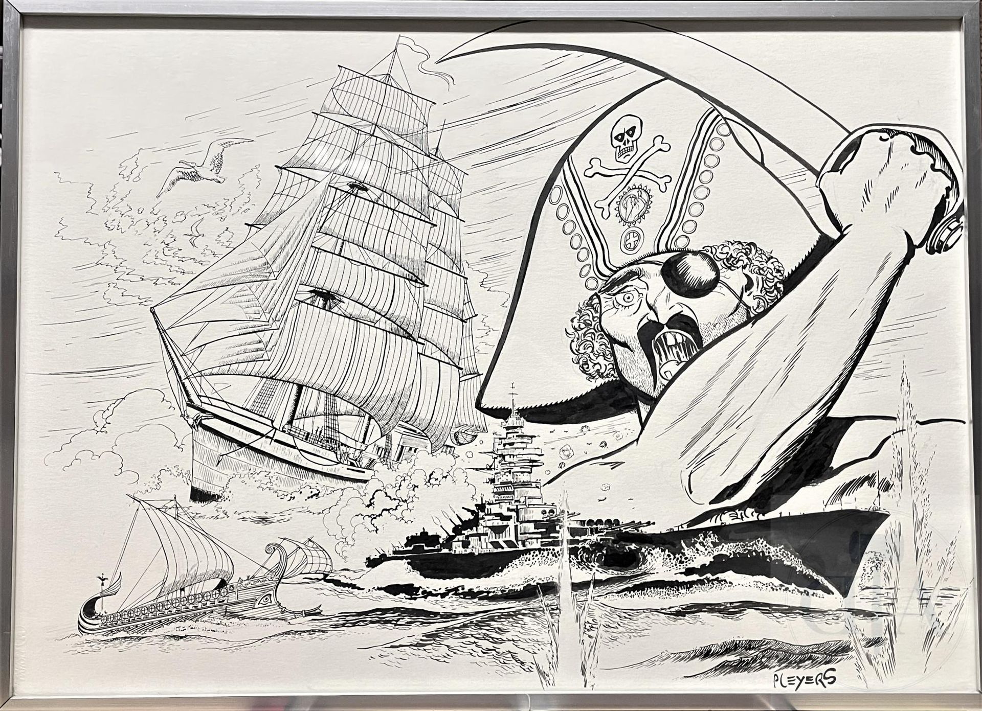 Null Pleyers Jean/原画，说明一个海盗和不同时代的船只。 优质的作品，1980年左右为法国模型制造商 "Heller "制作的？ 印度墨水和石墨&hellip;