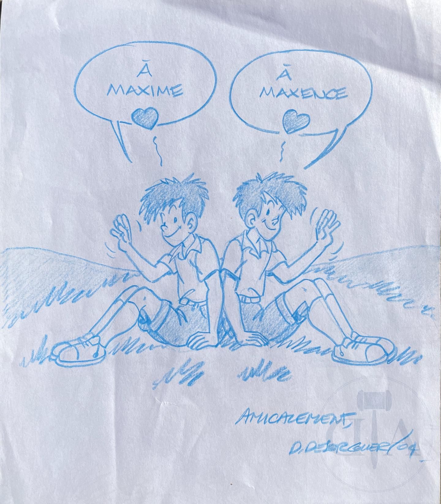 Null 德索赫-丹尼尔/吉米-图索尔。 描绘主人公与他的孪生兄弟双宿双飞的原画。 蓝色铅笔，签名和日期为2004年。 TBE，右上角有一道折痕。 A4尺寸

&hellip;