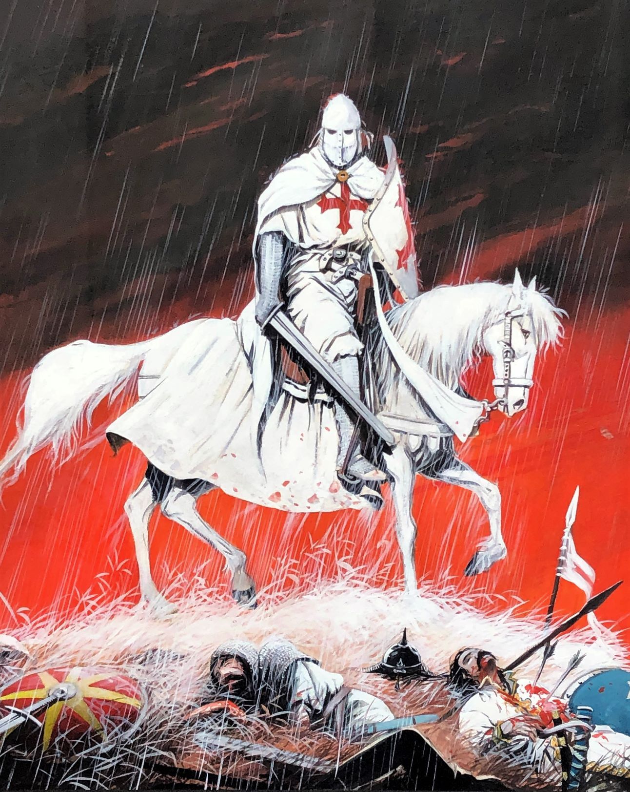 Null 开曼/西尔文-德-罗什福尔。T4 "Le piège de Montgisord "专辑封面的原画。在这个版本中，骑士平静地战胜了躺在雨中的被打败的敌&hellip;