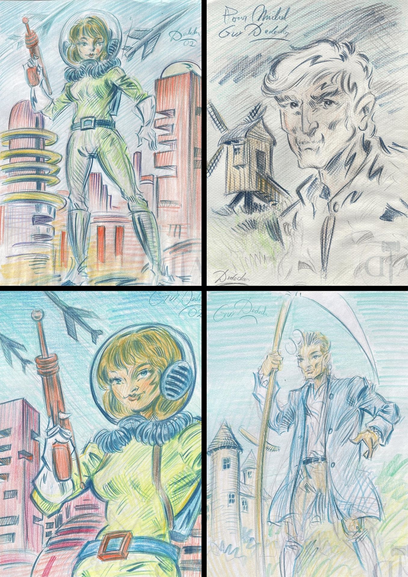 Null Dedecker Guy/Set de 4 dibujos originales a lápiz de color alrededor de 2002&hellip;