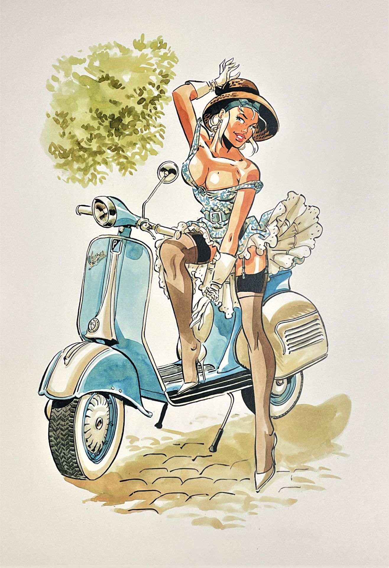 Null Meynet/原画，说明美丽的米拉贝尔骑着维斯帕。 为说明1961年日历中的11月/12月所做的工作。 印度墨水和水彩画，大约在2016年。 TBE+&hellip;