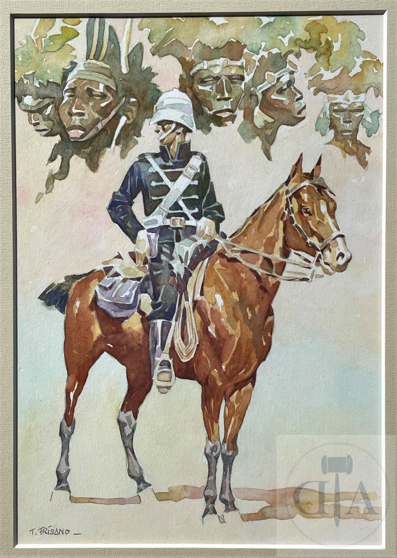 Null 弗里萨诺/向雨果-普拉特致敬。 原创图画，说明一个由非洲人物顶着的军事骑手，向 "丛林的安 "致敬。 印度墨水和水彩画。 这位非常有才华的艺术家的执行&hellip;