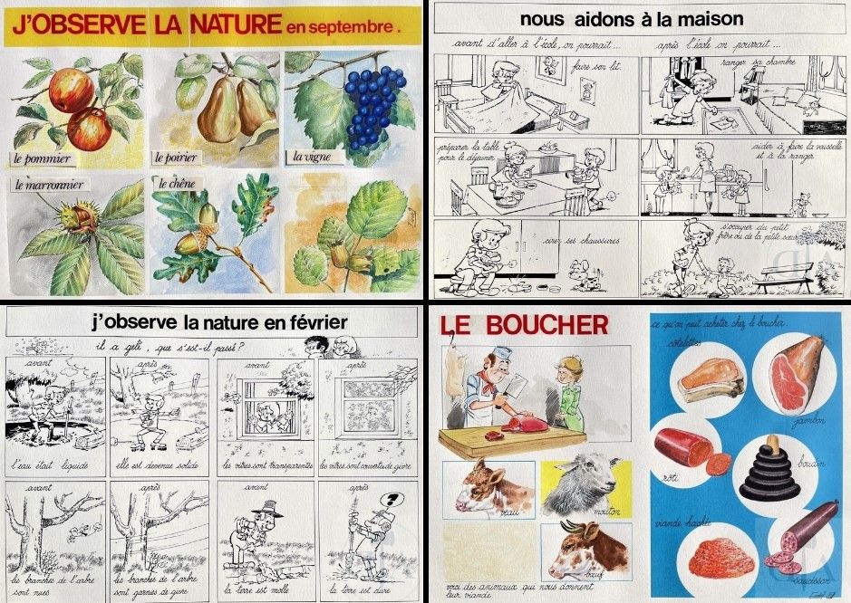 Null 恩德利/一套5张原画和图版，用于在 "Bonjour "杂志上发表的教育文章。 印度墨水和水彩画，约1979年。 签名。 TBE+。50 X 35厘米&hellip;